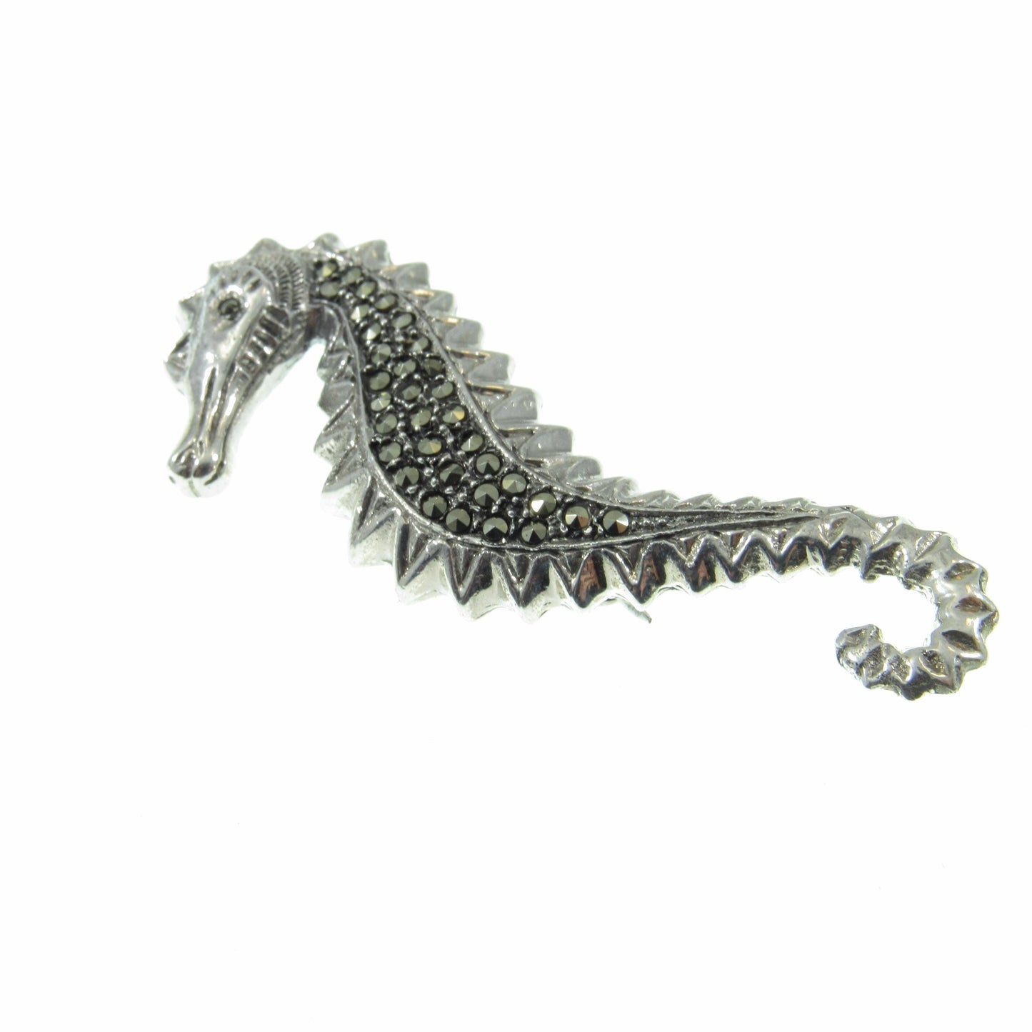 Solid 925 Sterling Silver & Marcasite Seahorse Pin Brooch, Handcrafted Breastpin, Ocean Sea Life Jewelry, Nautical Marine Interest