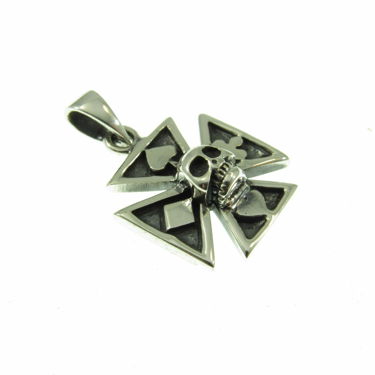 Solid 925 Sterling Silver Croix Pattee (Patty) Pendant, Iron Cross Jewelry, Skeleton Skull with 4 Card Suits, Handcrafted Gambling Charm
