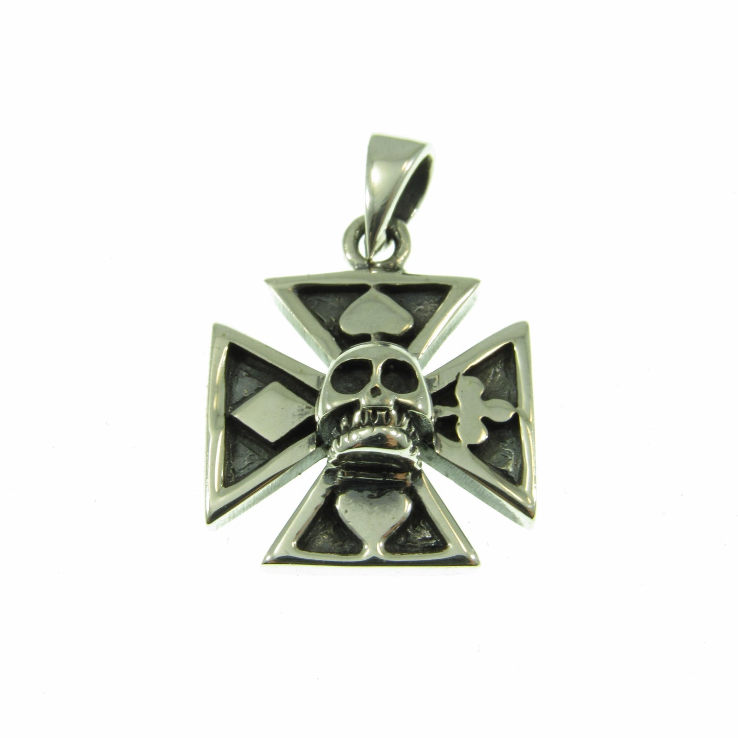 Solid 925 Sterling Silver Croix Pattee (Patty) Pendant, Iron Cross Jewelry, Skeleton Skull with 4 Card Suits, Handcrafted Gambling Charm