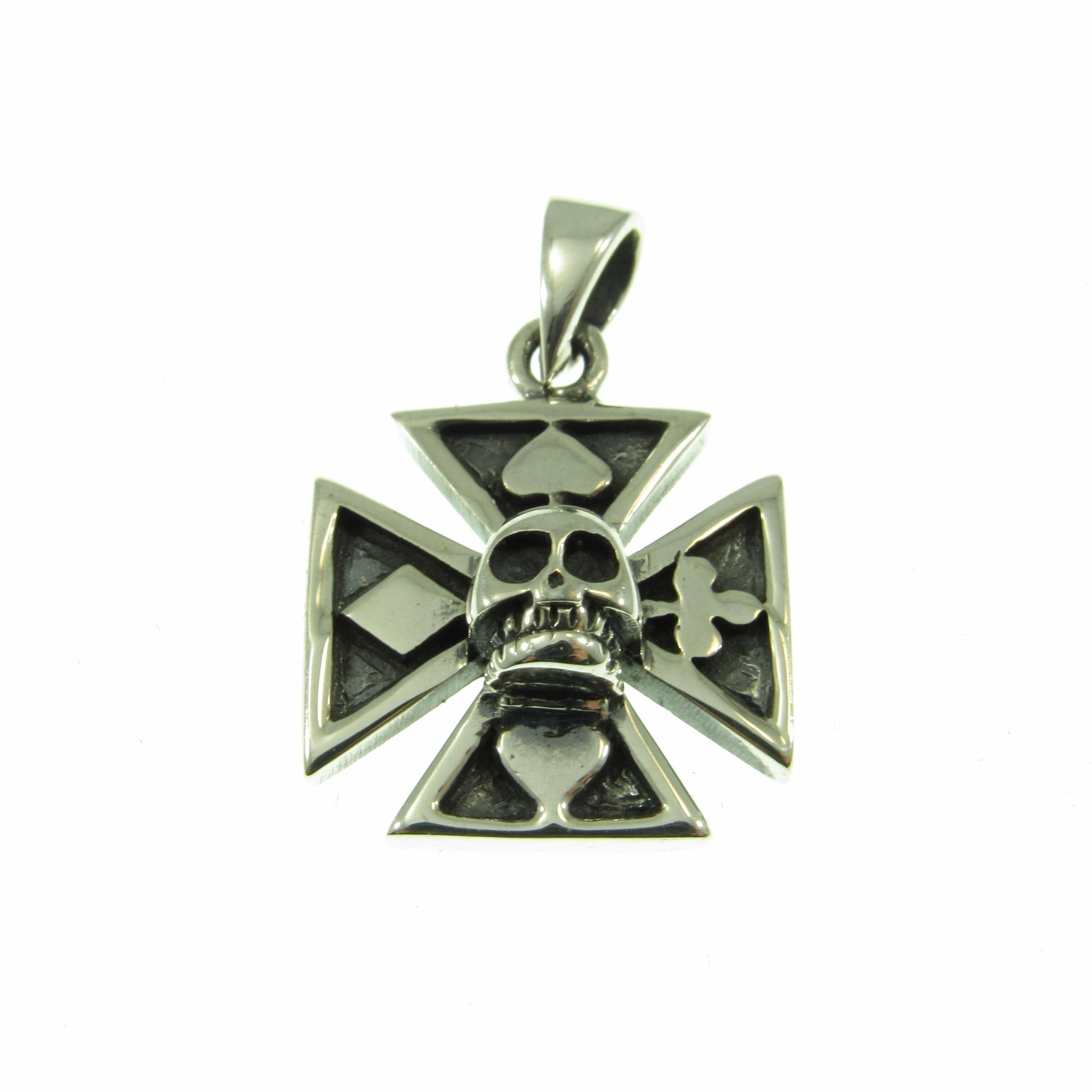 Solid 925 Sterling Silver Croix Pattee (Patty) Pendant, Iron Cross Jewelry, Skeleton Skull with 4 Card Suits, Handcrafted Gambling Charm