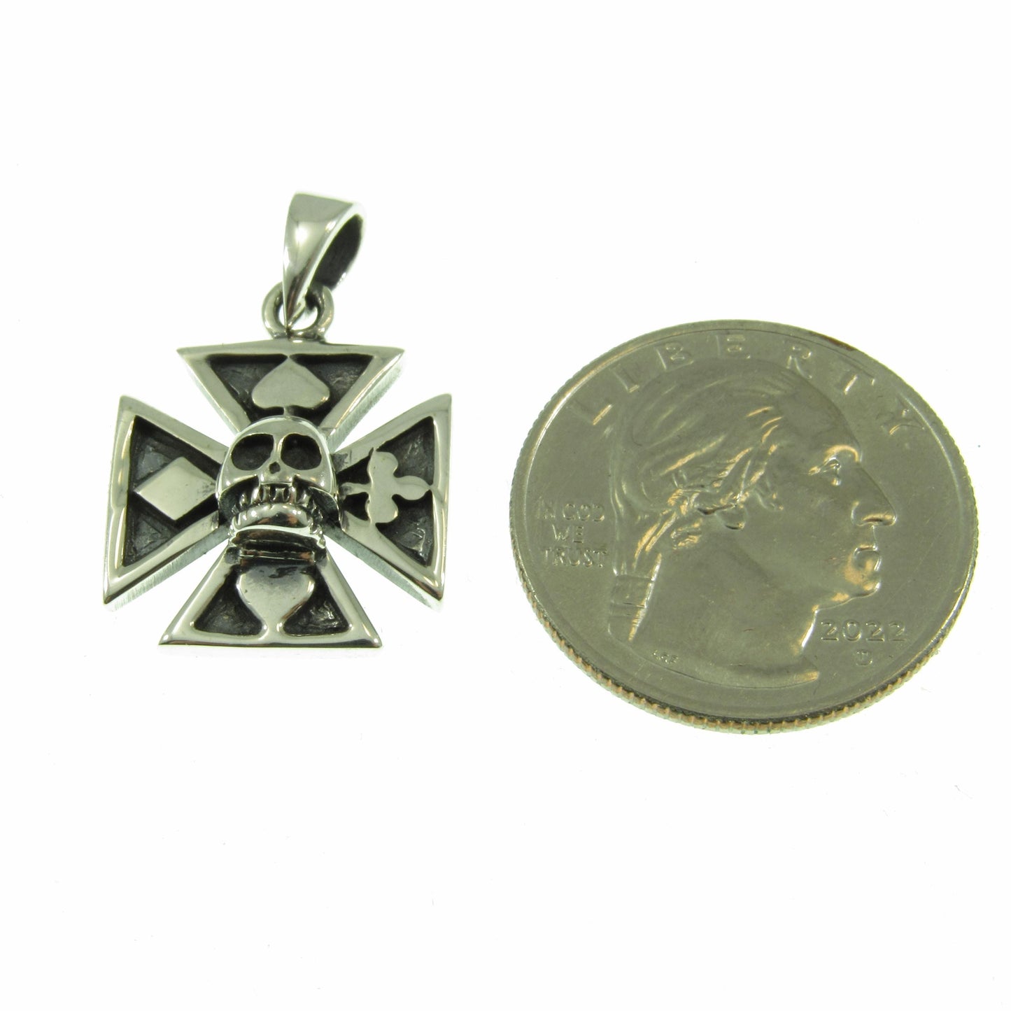 Solid 925 Sterling Silver Croix Pattee (Patty) Pendant, Iron Cross Jewelry, Skeleton Skull with 4 Card Suits, Handcrafted Gambling Charm