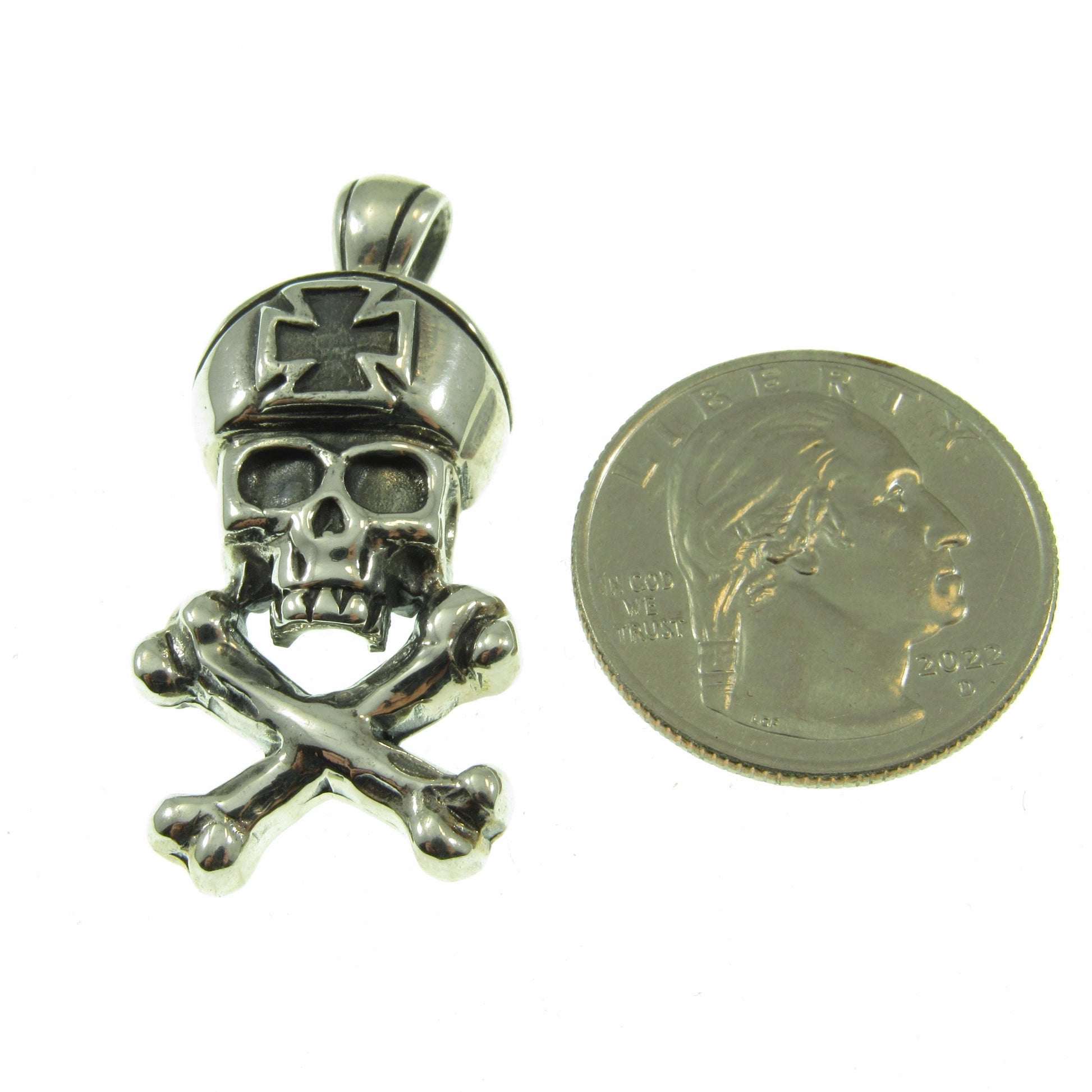 Solid 925 Sterling Silver Pirate Pendant, Jolly Roger Skeleton, Handcrafted Iron Cross Skull Jewelry