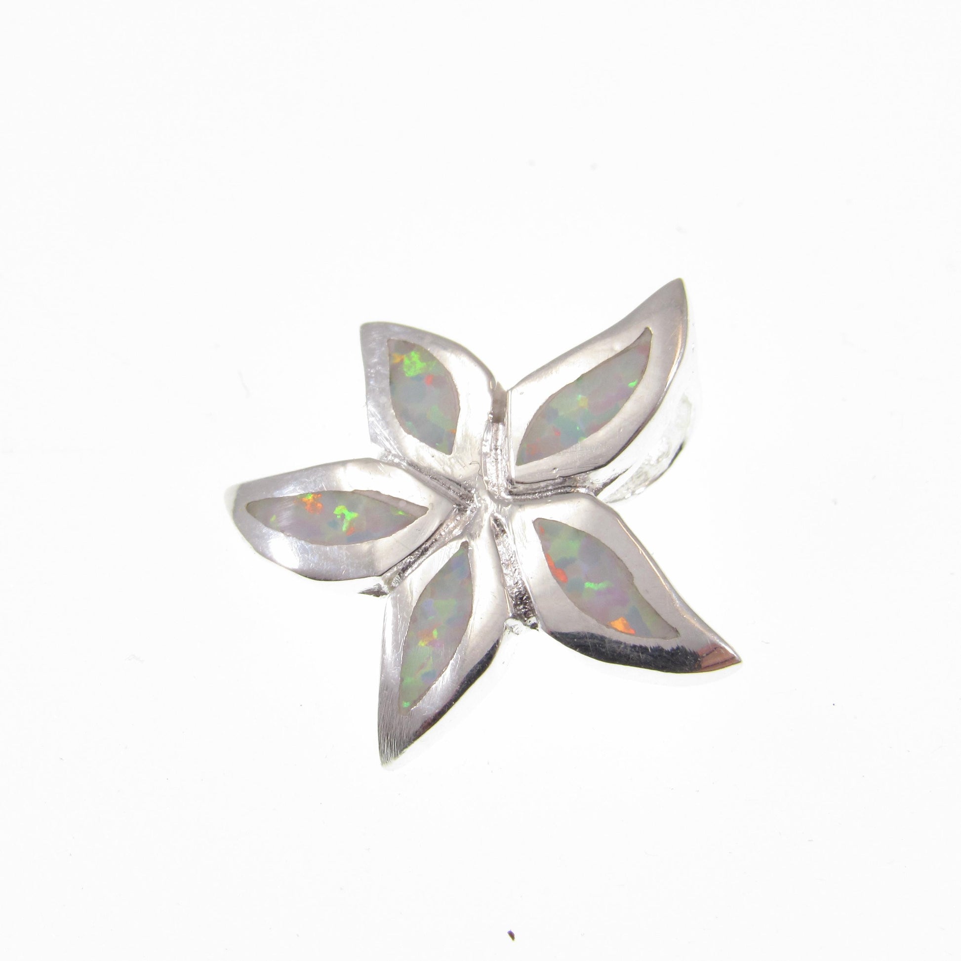 Solid 925 Sterling Silver Plumeria Flower Slide Pendant With Inlaid Opal Gemstones, Blue or White Opals, Hawaiian Jewelry