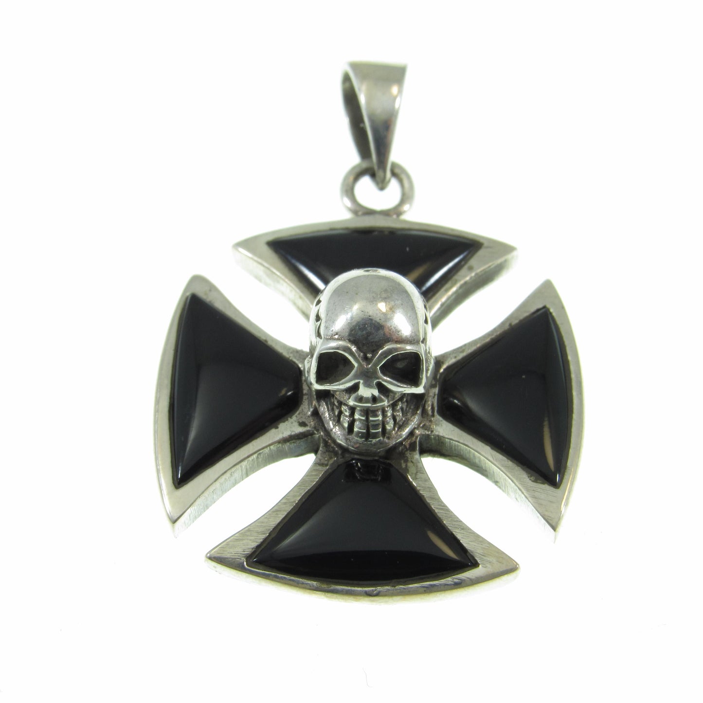 Solid 925 Sterling Silver Iron Cross, Knight's Templar Pendant With Skull and Black Onyx Inlay, Croix Pattee Jewelry