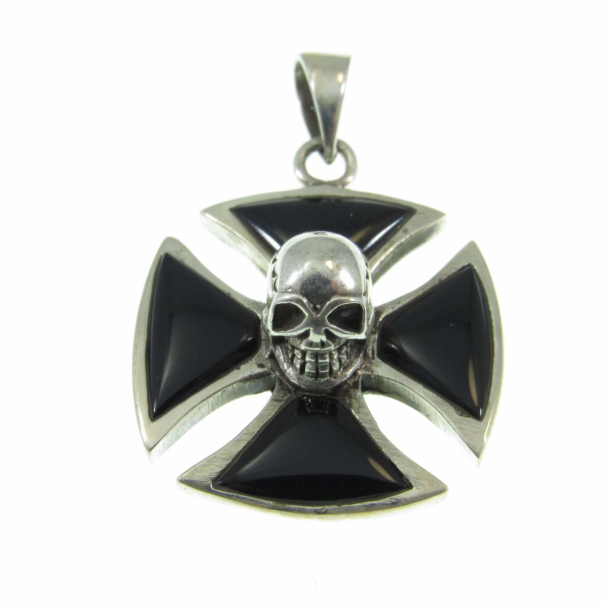 Solid 925 Sterling Silver Iron Cross, Knight's Templar Pendant With Skull and Black Onyx Inlay, Croix Pattee Jewelry