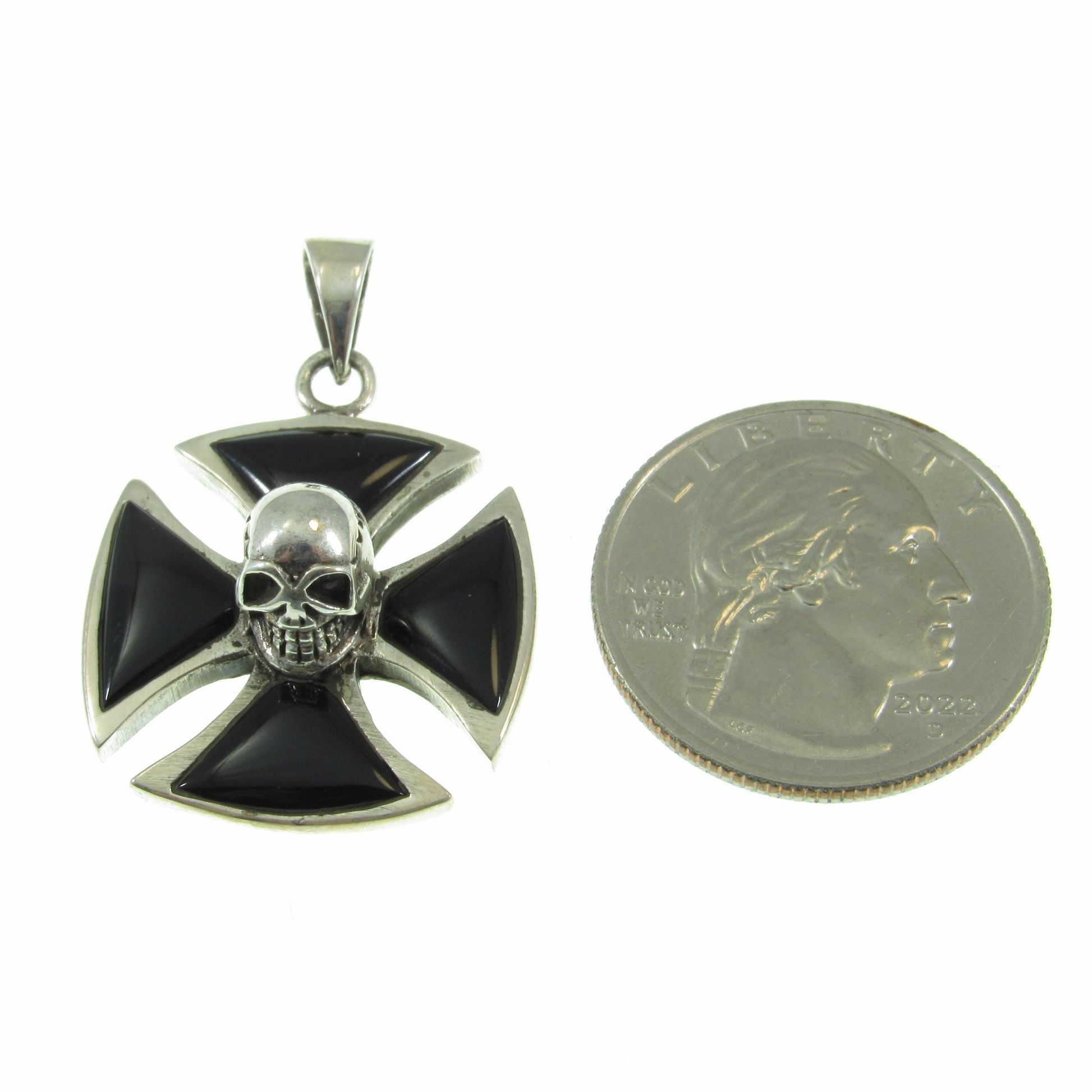 Solid 925 Sterling Silver Iron Cross, Knight's Templar Pendant With Skull and Black Onyx Inlay, Croix Pattee Jewelry