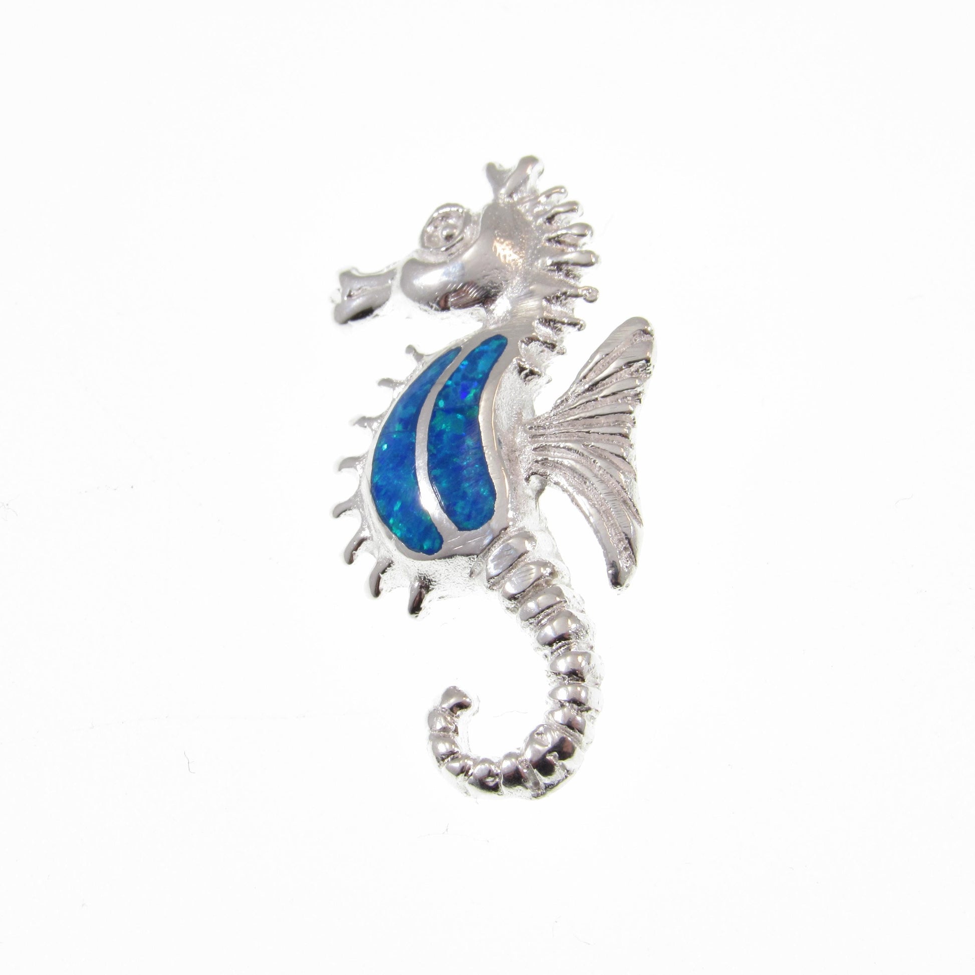 Solid 925 Sterling Silver Seahorse Slide Pendant With Blue Opal Gemstone, Handcrafted Marine Nautical Ocean Jewelry