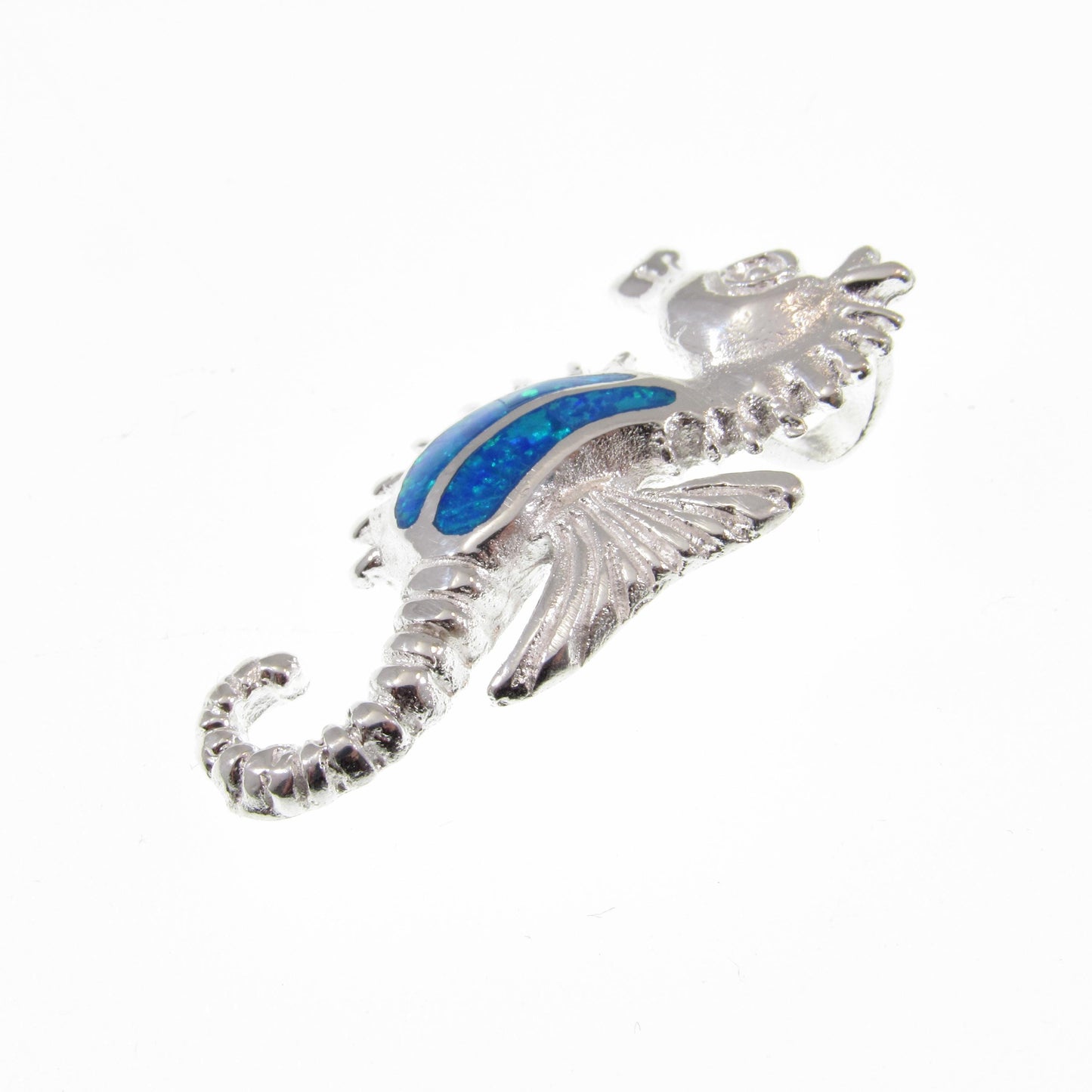 Solid 925 Sterling Silver Seahorse Slide Pendant With Blue Opal Gemstone, Handcrafted Marine Nautical Ocean Jewelry