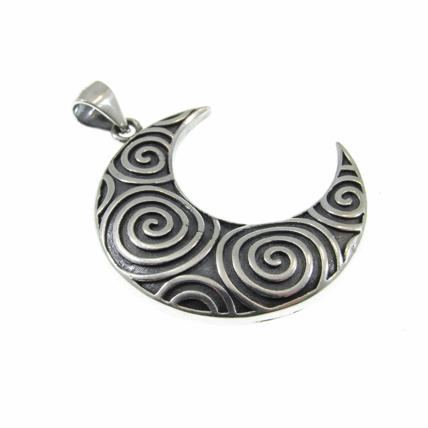 Solid 925 Sterling Silver Crescent Moon & Spirals Pendant, Handcrafted Celestial Jewelry, Astrology Amulet, Cosmic Lunar Goddess Charm