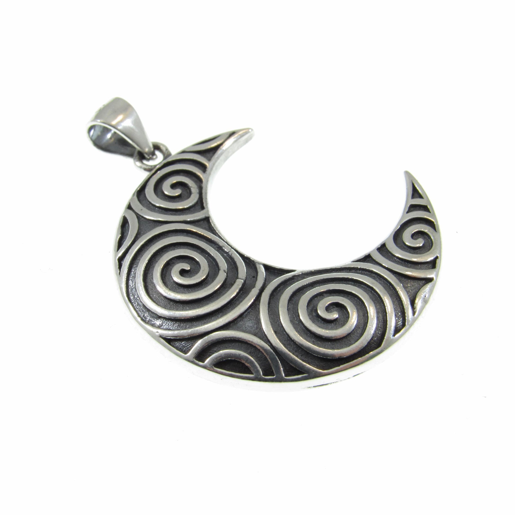 Solid 925 Sterling Silver Crescent Moon & Spirals Pendant, Handcrafted Celestial Jewelry, Astrology Amulet, Cosmic Lunar Goddess Charm