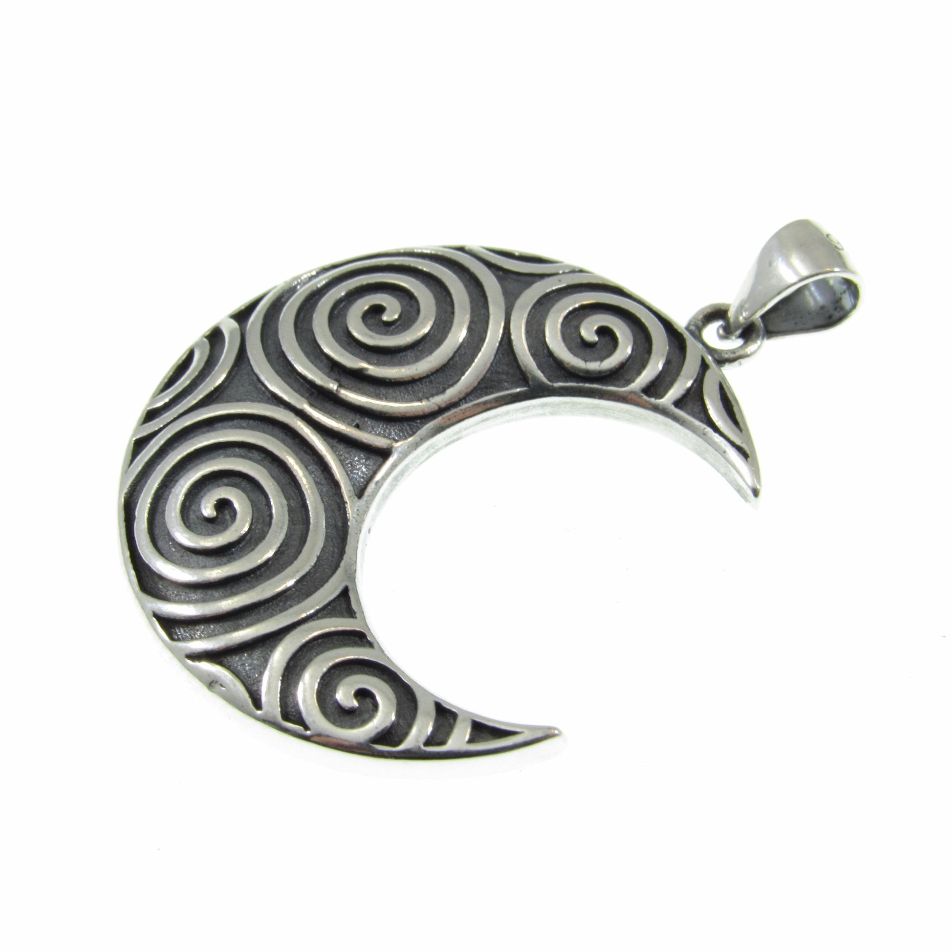 Solid 925 Sterling Silver Crescent Moon & Spirals Pendant, Handcrafted Celestial Jewelry, Astrology Amulet, Cosmic Lunar Goddess Charm