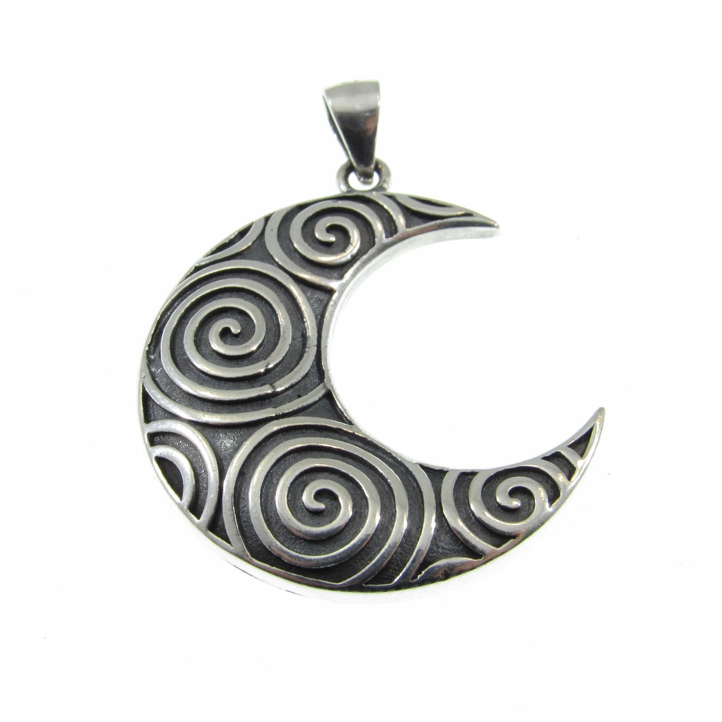 Solid 925 Sterling Silver Crescent Moon & Spirals Pendant, Handcrafted Celestial Jewelry, Astrology Amulet, Cosmic Lunar Goddess Charm