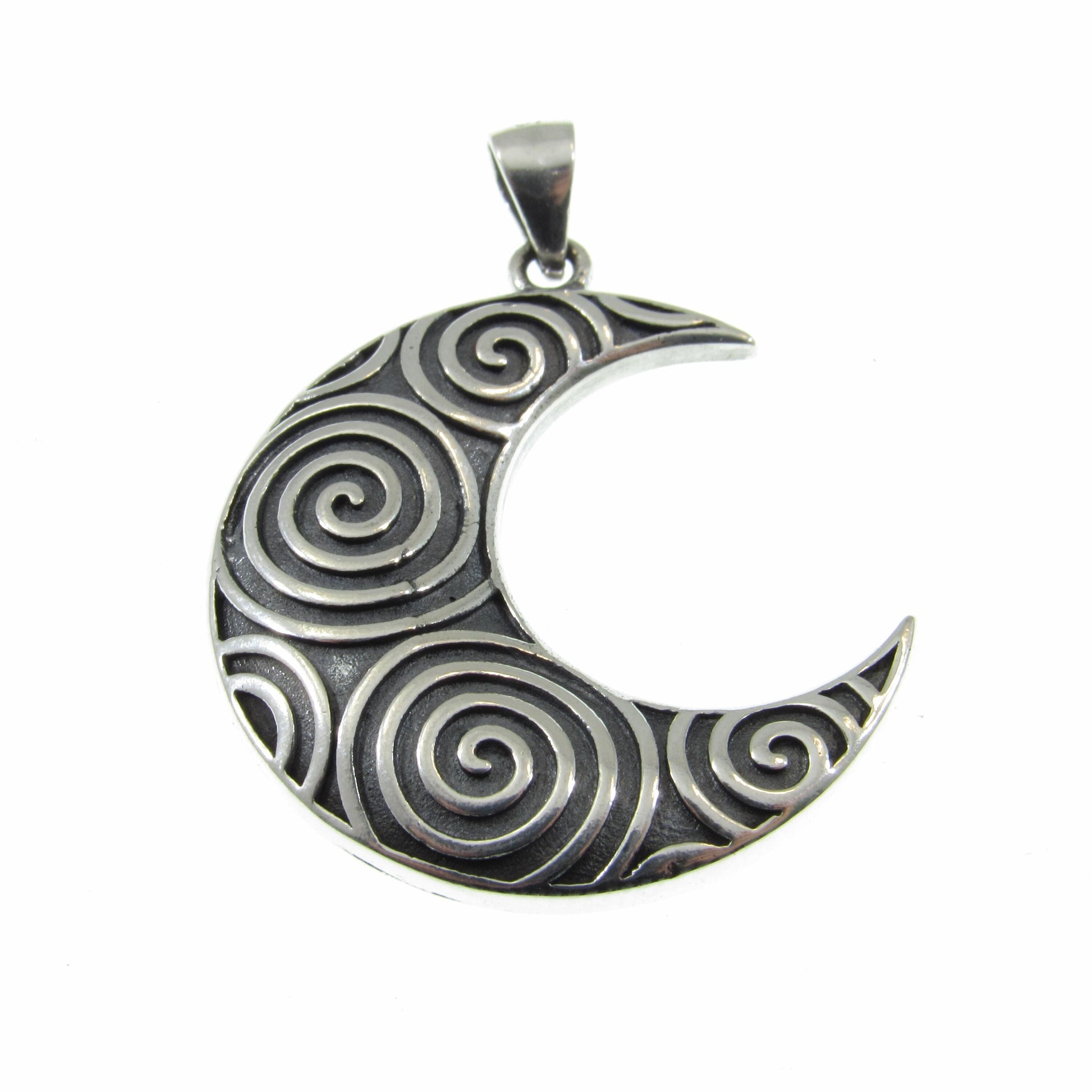 Solid 925 Sterling Silver Crescent Moon & Spirals Pendant, Handcrafted Celestial Jewelry, Astrology Amulet, Cosmic Lunar Goddess Charm