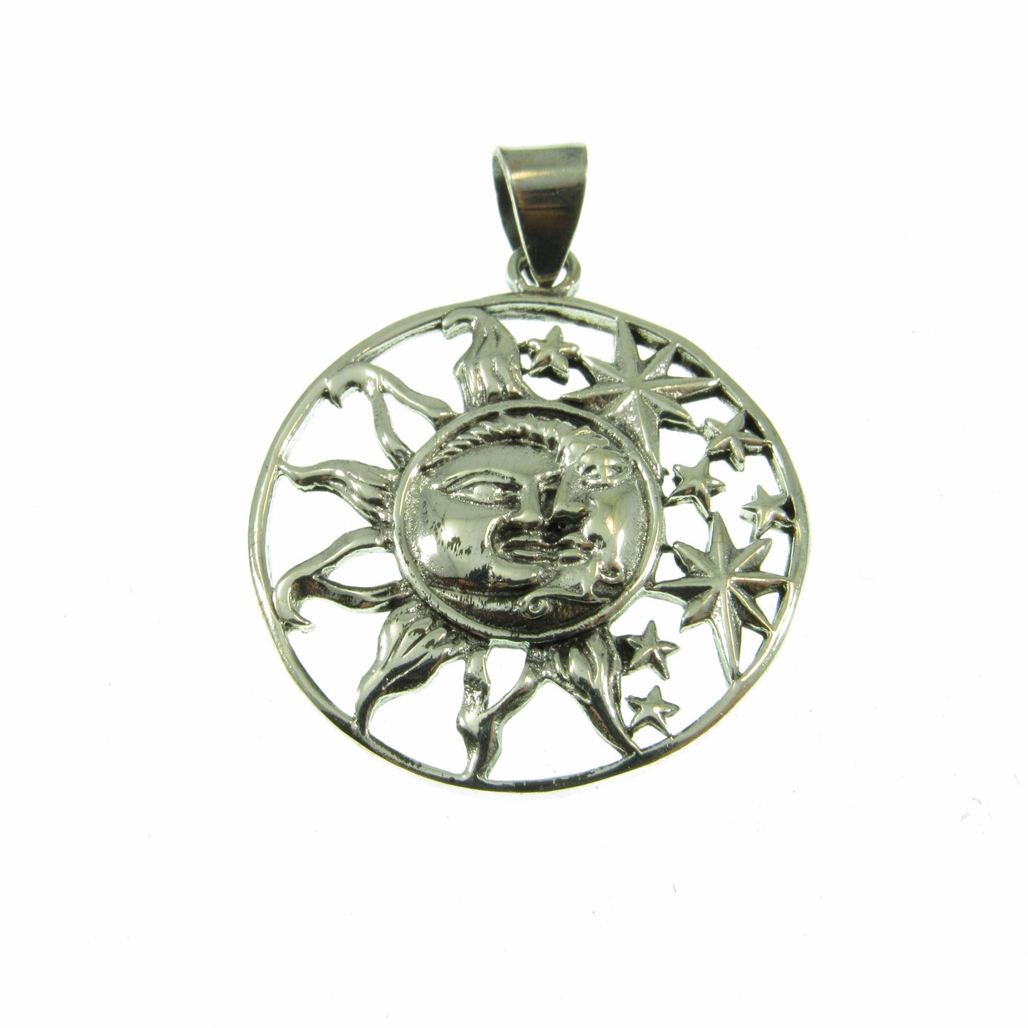 Solid 925 Sterling Silver Sun and Moon Faces, & 8 Stars Celestial Pendant, Handcrafted Cosmic Yin/Yang Amulet, Astrology Jewelry