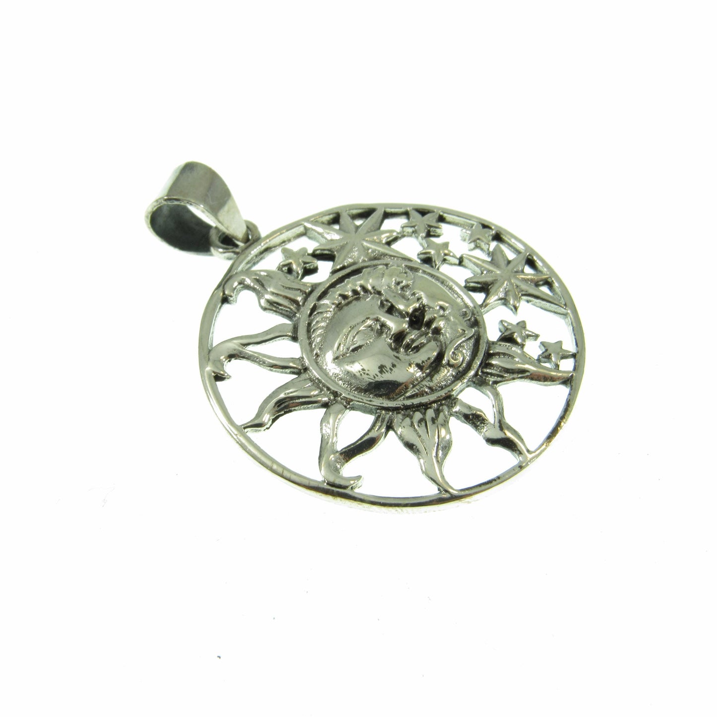 Solid 925 Sterling Silver Sun and Moon Faces, & 8 Stars Celestial Pendant, Handcrafted Cosmic Yin/Yang Amulet, Astrology Jewelry