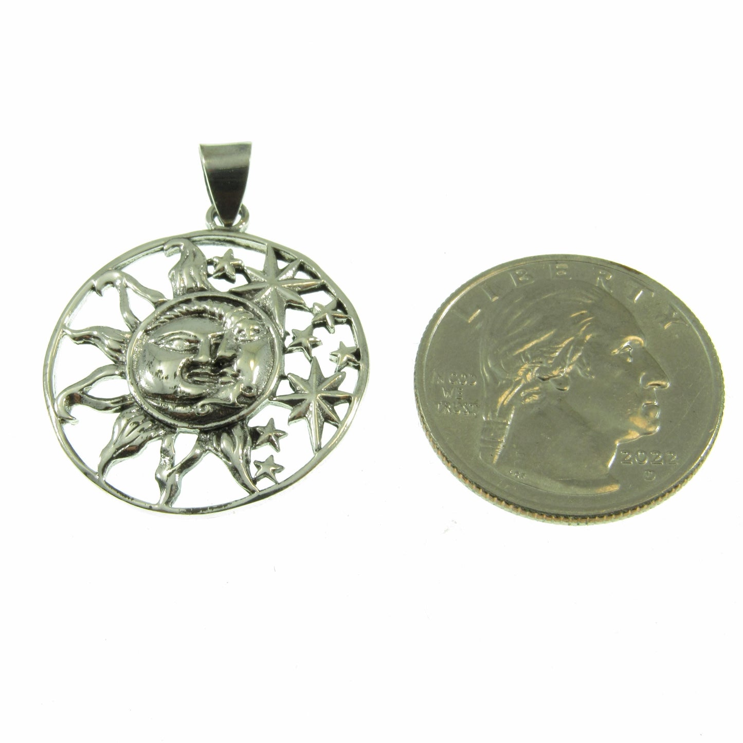 Solid 925 Sterling Silver Sun and Moon Faces, & 8 Stars Celestial Pendant, Handcrafted Cosmic Yin/Yang Amulet, Astrology Jewelry