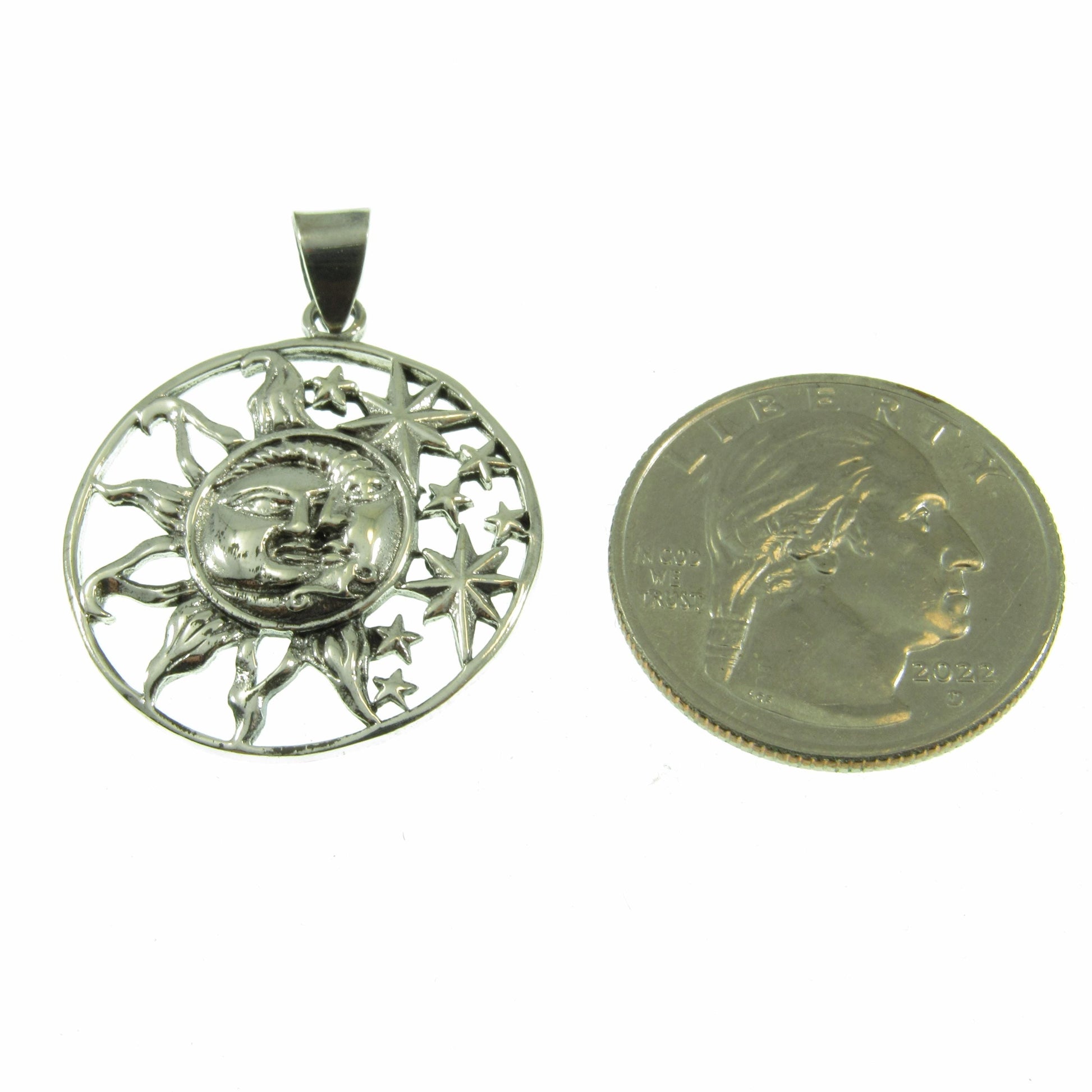 Solid 925 Sterling Silver Sun and Moon Faces, & 8 Stars Celestial Pendant, Handcrafted Cosmic Yin/Yang Amulet, Astrology Jewelry