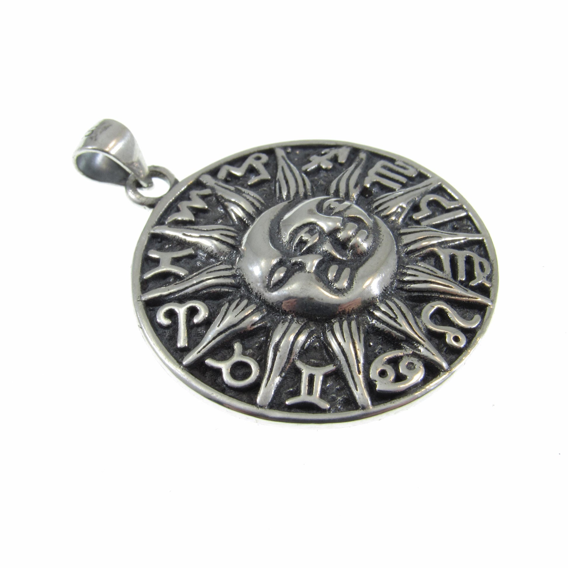 Solid 925 Sterling Silver Sun and Moon Faces Pendant - Zodiac Wheel - Astrology Necklace Amulet, Celestial Jewelry, Gift for Astrologers