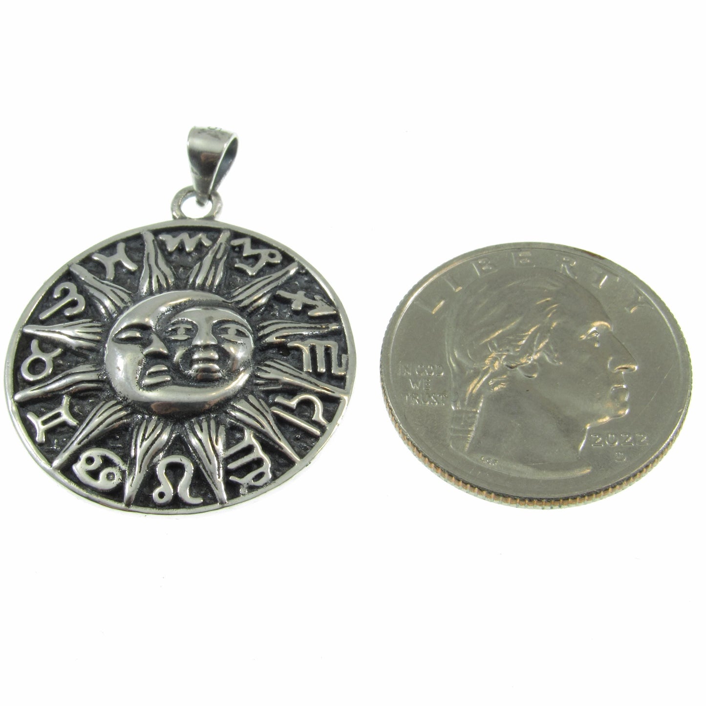 Solid 925 Sterling Silver Sun and Moon Faces Pendant - Zodiac Wheel - Astrology Necklace Amulet, Celestial Jewelry, Gift for Astrologers