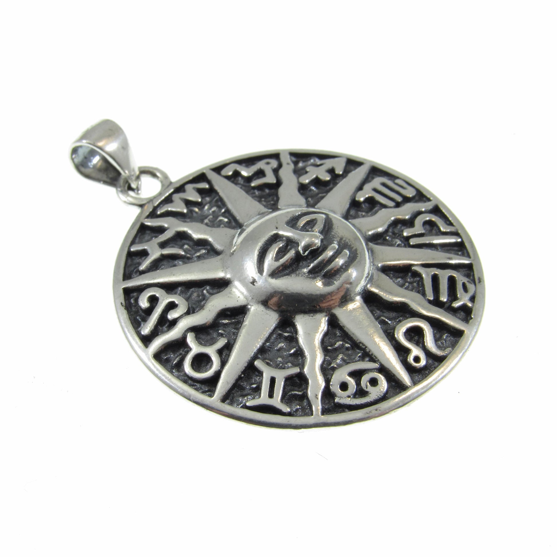 Solid 925 Sterling Silver Zodiac Sun Pendant – Astrology Necklace Amulet, Celestial Horoscope Charm, Handcrafted Boho Star Sign Jewelry