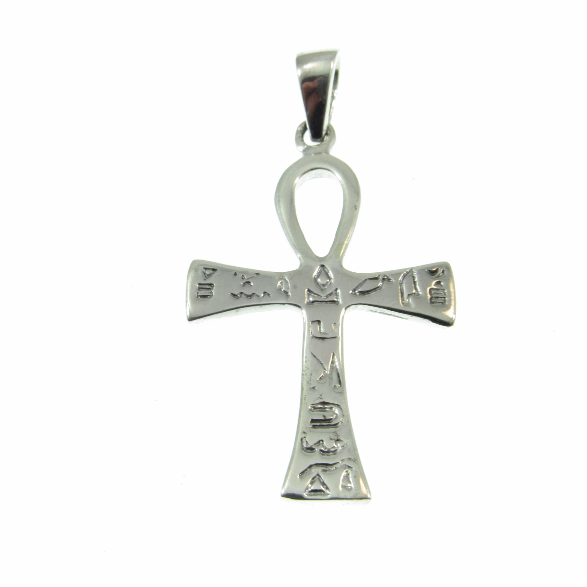 Solid 925 Sterling Silver Egyptian Ankh & Hieroglyphs Pendant, Handcrafted Cross with Symbols, Crux Ansata Jewelry Git Idea for Men or Women
