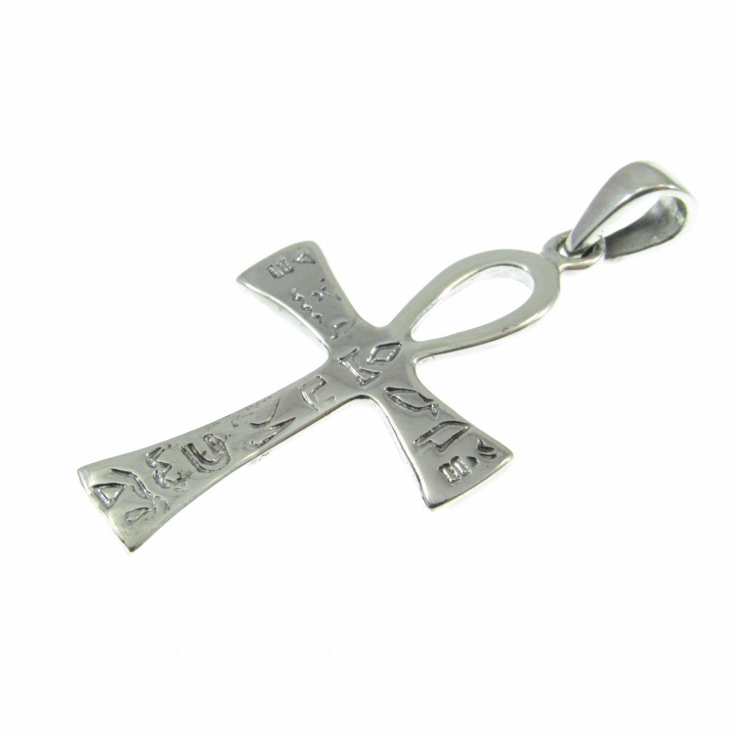 Solid 925 Sterling Silver Egyptian Ankh & Hieroglyphs Pendant, Handcrafted Cross with Symbols, Crux Ansata Jewelry Git Idea for Men or Women