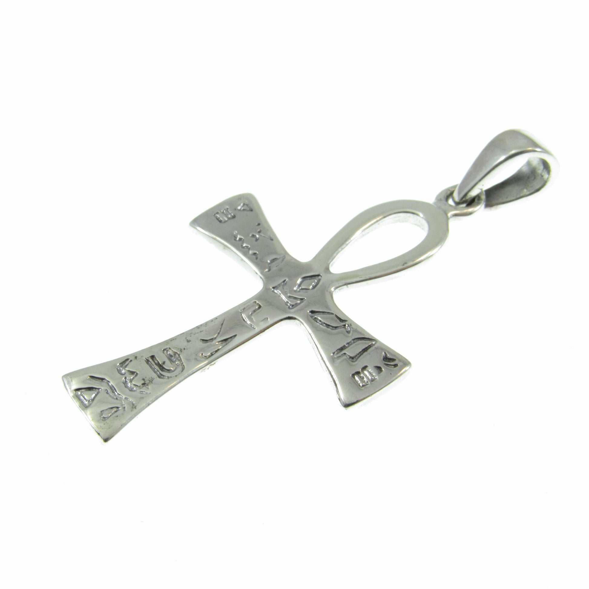 Solid 925 Sterling Silver Egyptian Ankh & Hieroglyphs Pendant, Handcrafted Cross with Symbols, Crux Ansata Jewelry Git Idea for Men or Women