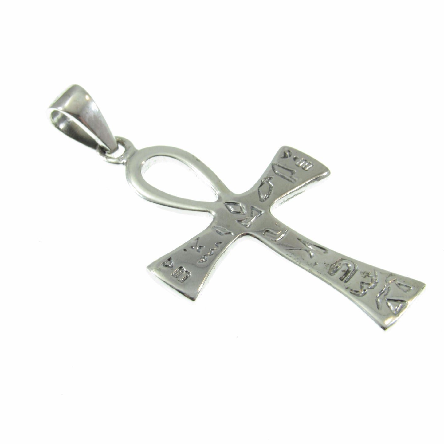 Solid 925 Sterling Silver Egyptian Ankh & Hieroglyphs Pendant, Handcrafted Cross with Symbols, Crux Ansata Jewelry Git Idea for Men or Women