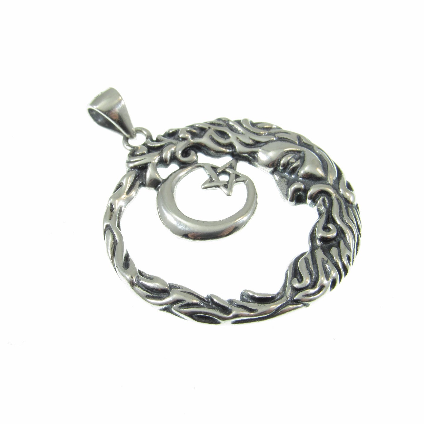 Solid 925 Sterling Silver Wiccan Crescent Moon Face and Star Pendant, Cosmic Celestial Amulet, Pagan Moon Jewelry, Witchy Witch Gift Idea