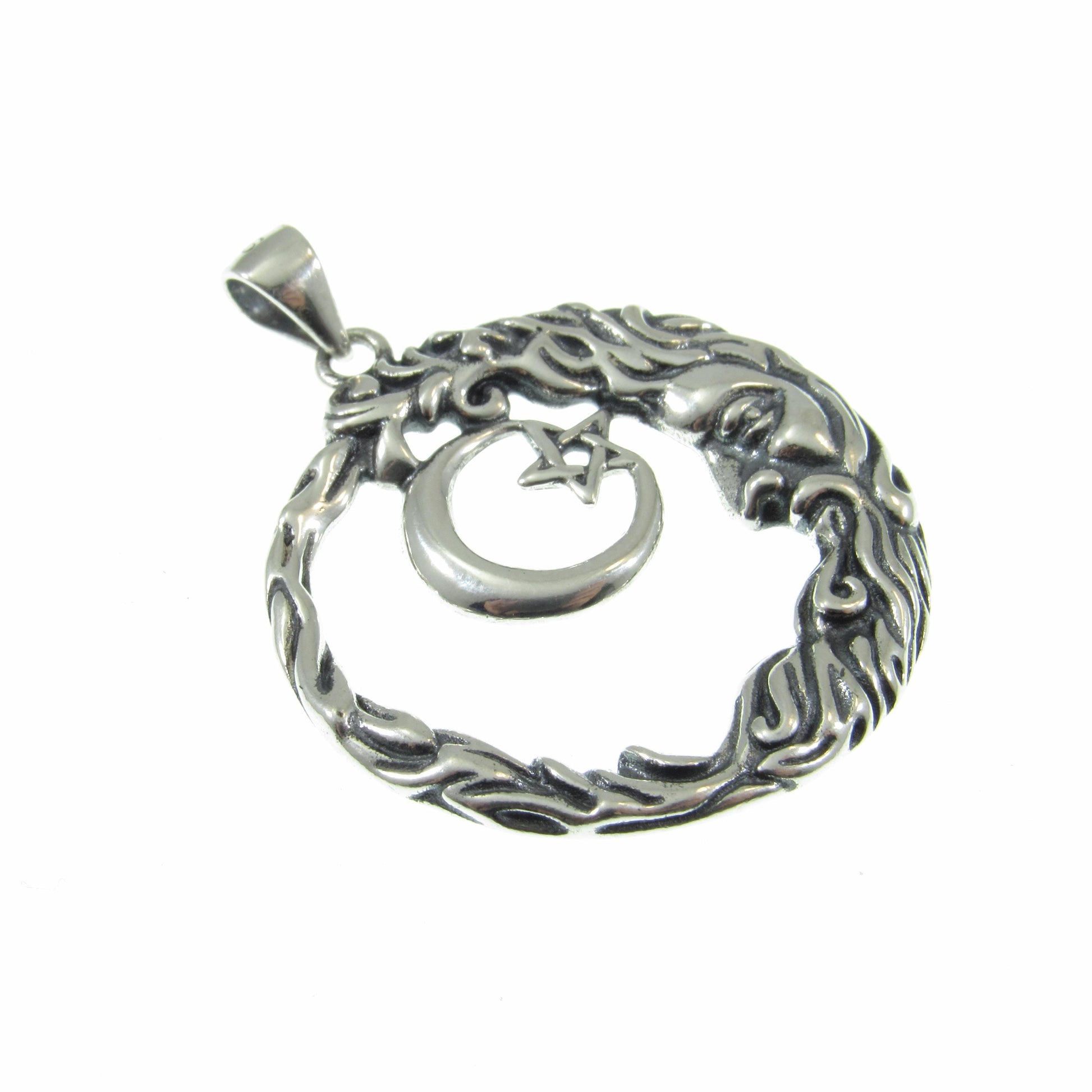 Solid 925 Sterling Silver Wiccan Crescent Moon Face and Star Pendant, Cosmic Celestial Amulet, Pagan Moon Jewelry, Witchy Witch Gift Idea