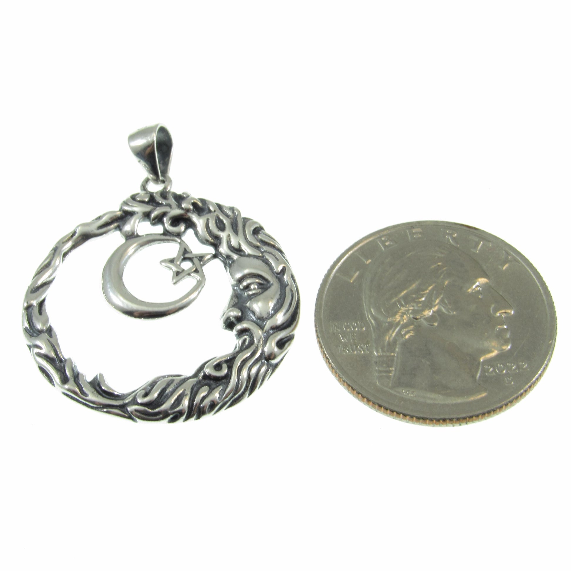 Solid 925 Sterling Silver Wiccan Crescent Moon Face and Star Pendant, Cosmic Celestial Amulet, Pagan Moon Jewelry, Witchy Witch Gift Idea