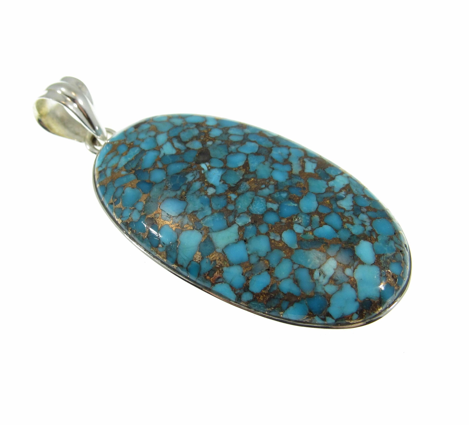 Large Solid 925 Sterling Silver Copper Turquoise Oval Shaped Pendant, Handcrafted Gemstone Jewelry CT08