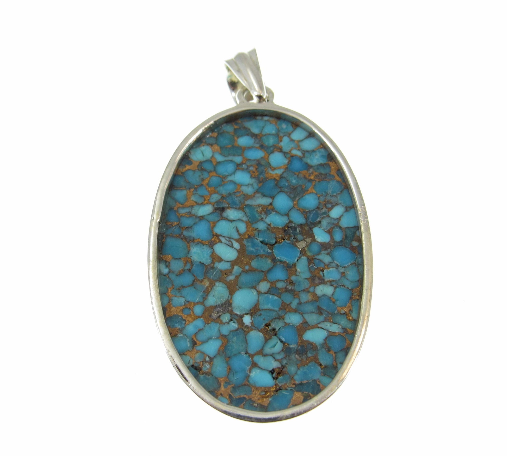 Large Solid 925 Sterling Silver Copper Turquoise Oval Shaped Pendant, Handcrafted Gemstone Jewelry CT08