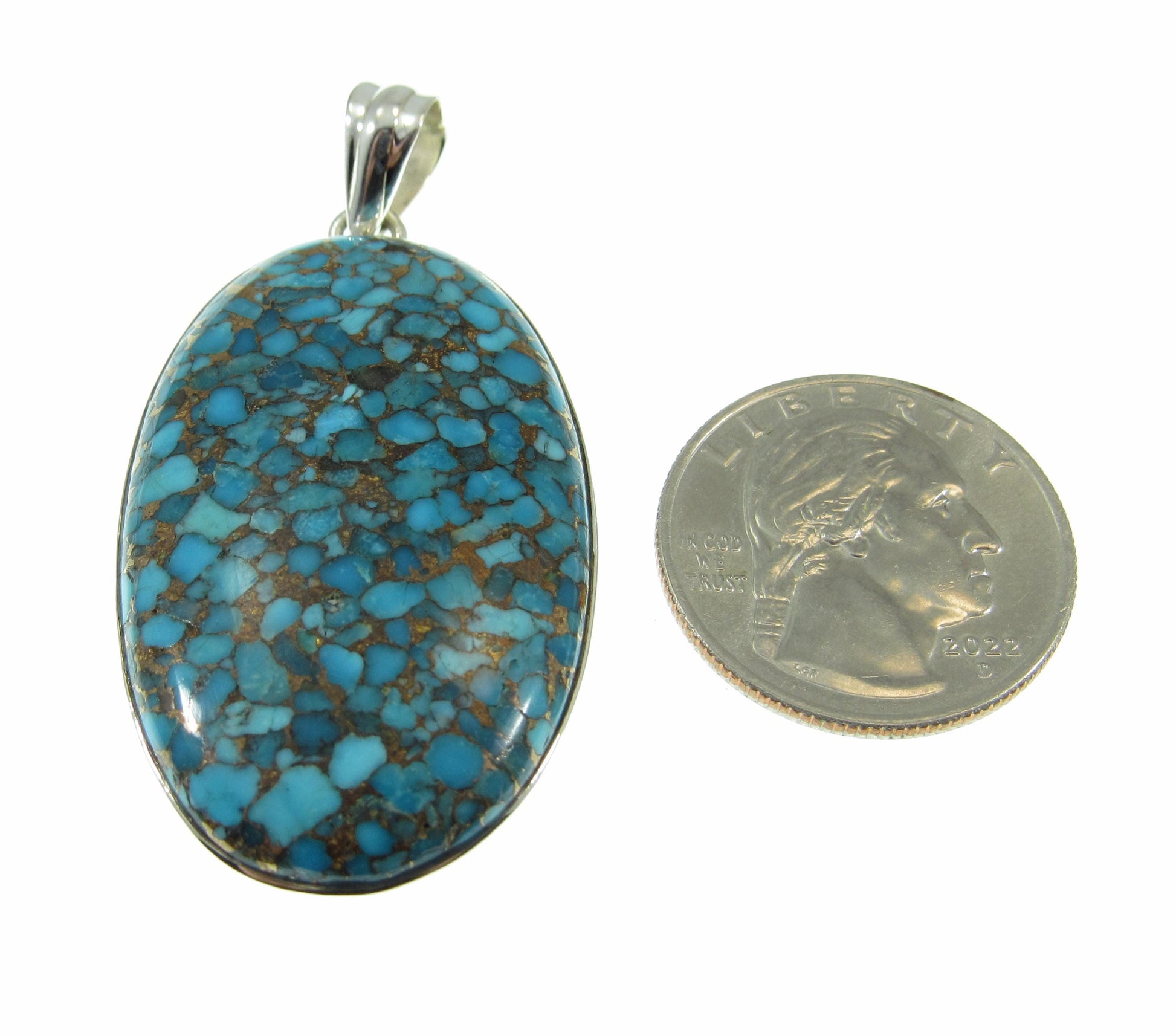 Large Solid 925 Sterling Silver Copper Turquoise Oval Shaped Pendant, Handcrafted Gemstone Jewelry CT08