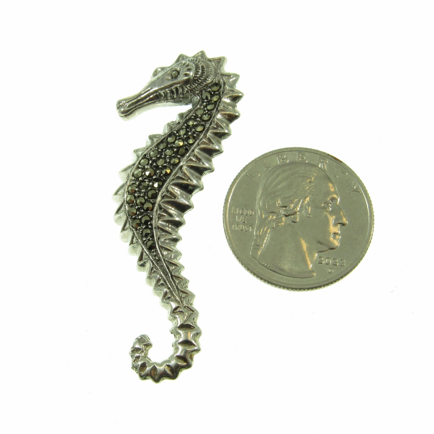 Solid 925 Sterling Silver & Marcasite Seahorse Pin Brooch, Handcrafted Breastpin, Ocean Sea Life Jewelry, Nautical Marine Interest
