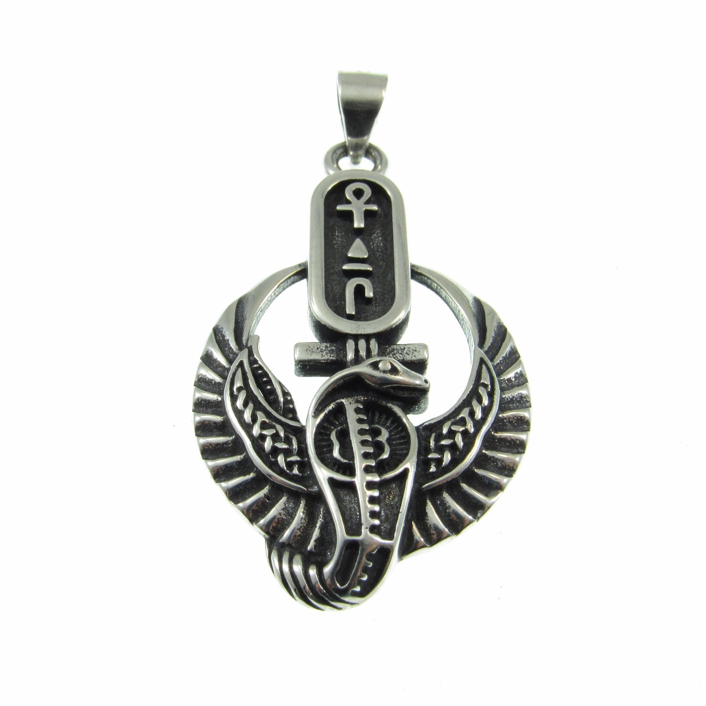Solid 925 Sterling Silver Egyptian Cartouche Pendant – Winged Cobra and Ankh Symbol – Kemet Protection Talisman – Occult Snake Jewelry