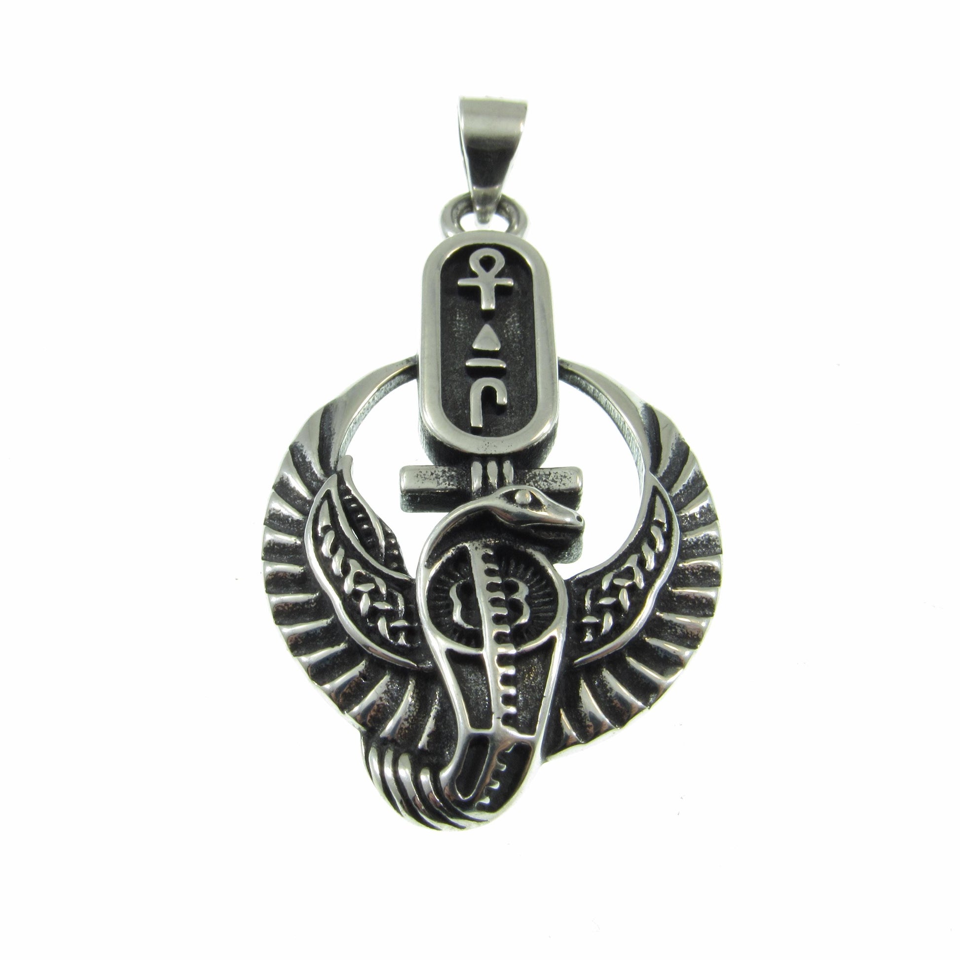 Solid 925 Sterling Silver Egyptian Cartouche Pendant – Winged Cobra and Ankh Symbol – Kemet Protection Talisman – Occult Snake Jewelry