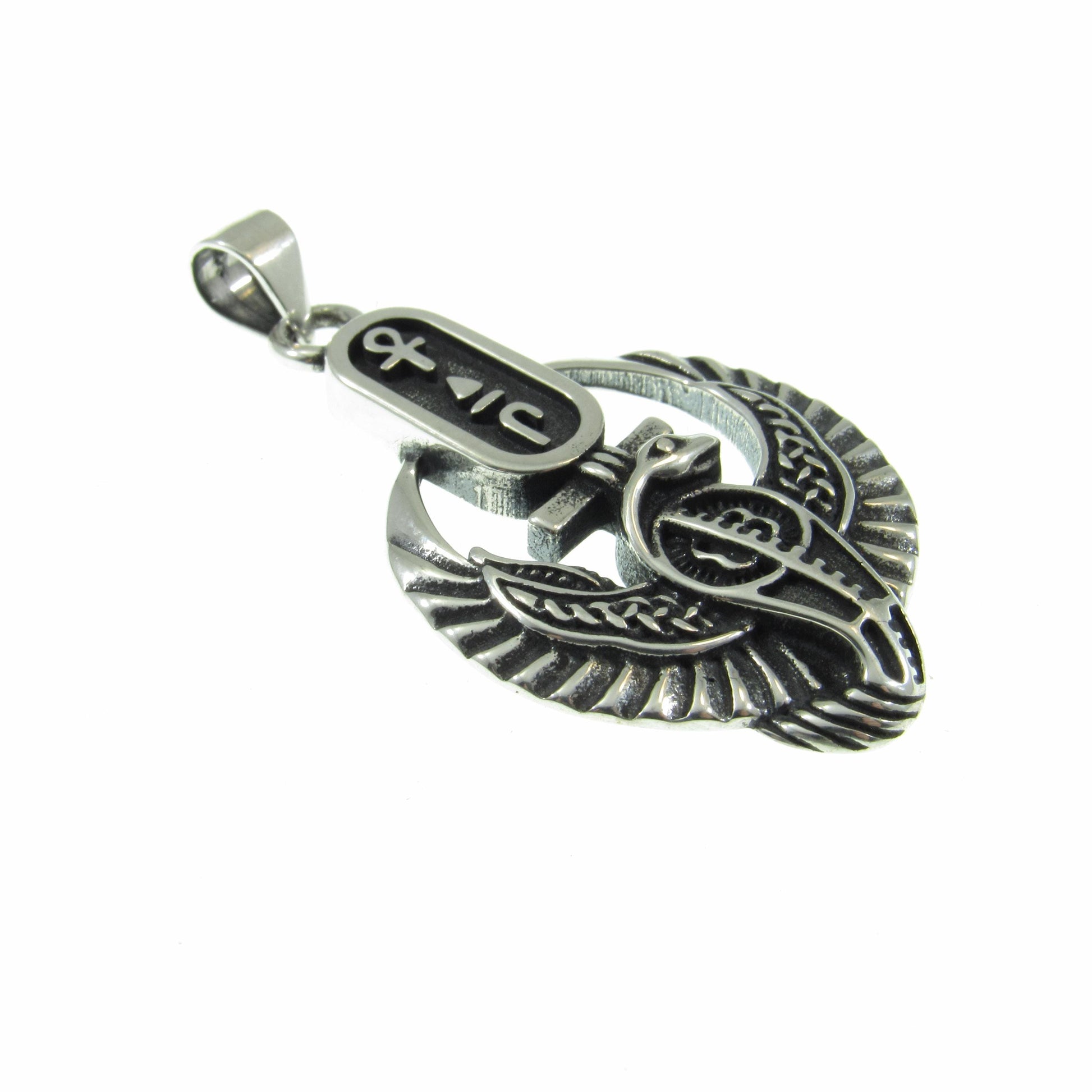 Solid 925 Sterling Silver Egyptian Cartouche Pendant – Winged Cobra and Ankh Symbol – Kemet Protection Talisman – Occult Snake Jewelry