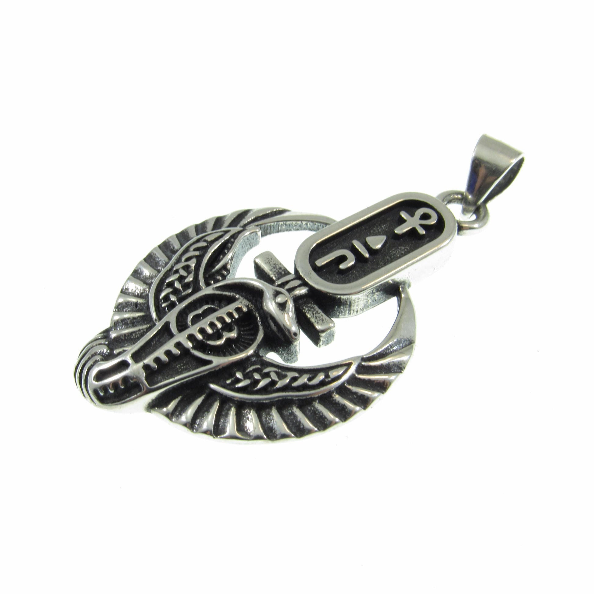 Solid 925 Sterling Silver Egyptian Cartouche Pendant – Winged Cobra and Ankh Symbol – Kemet Protection Talisman – Occult Snake Jewelry