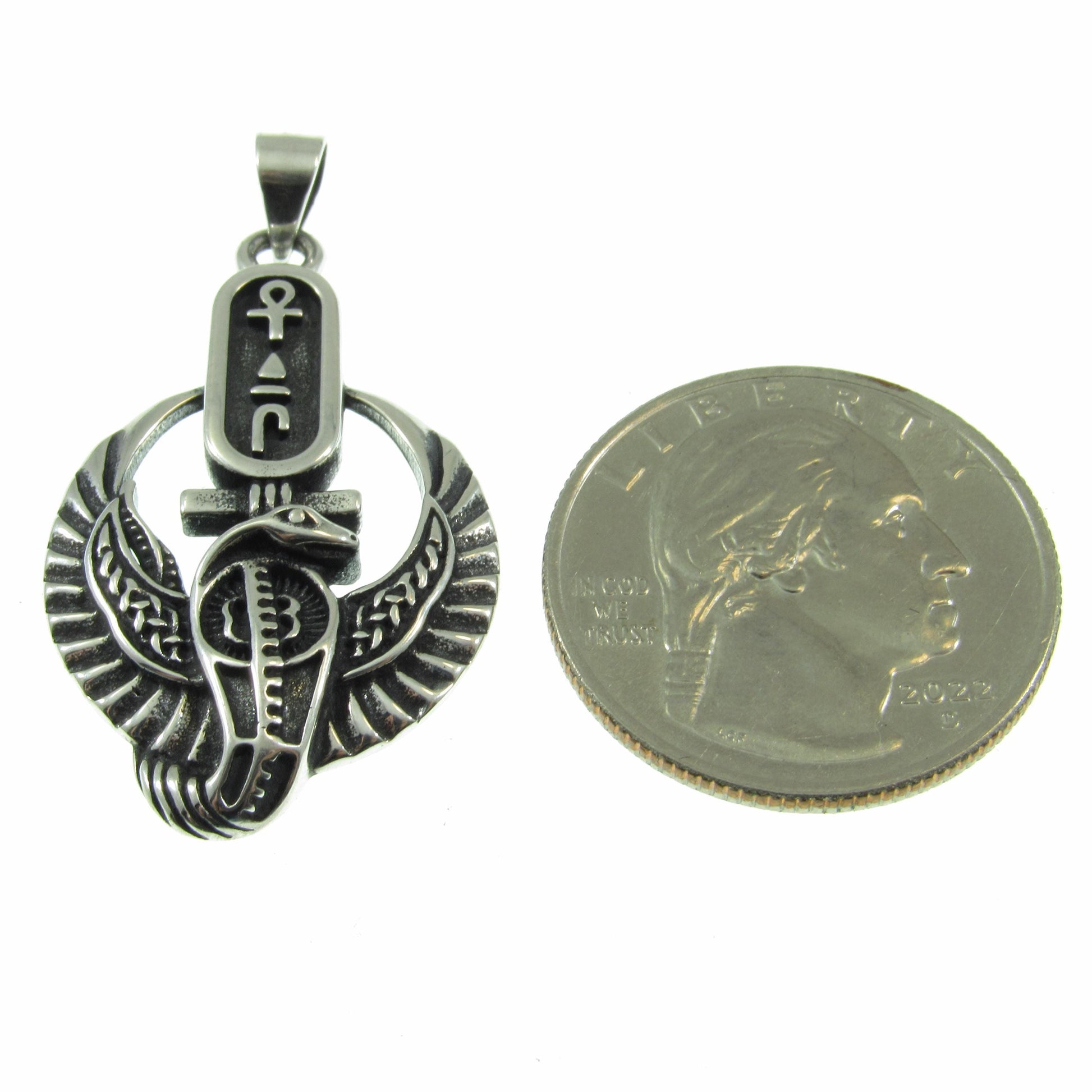 Solid 925 Sterling Silver Egyptian Cartouche Pendant – Winged Cobra and Ankh Symbol – Kemet Protection Talisman – Occult Snake Jewelry