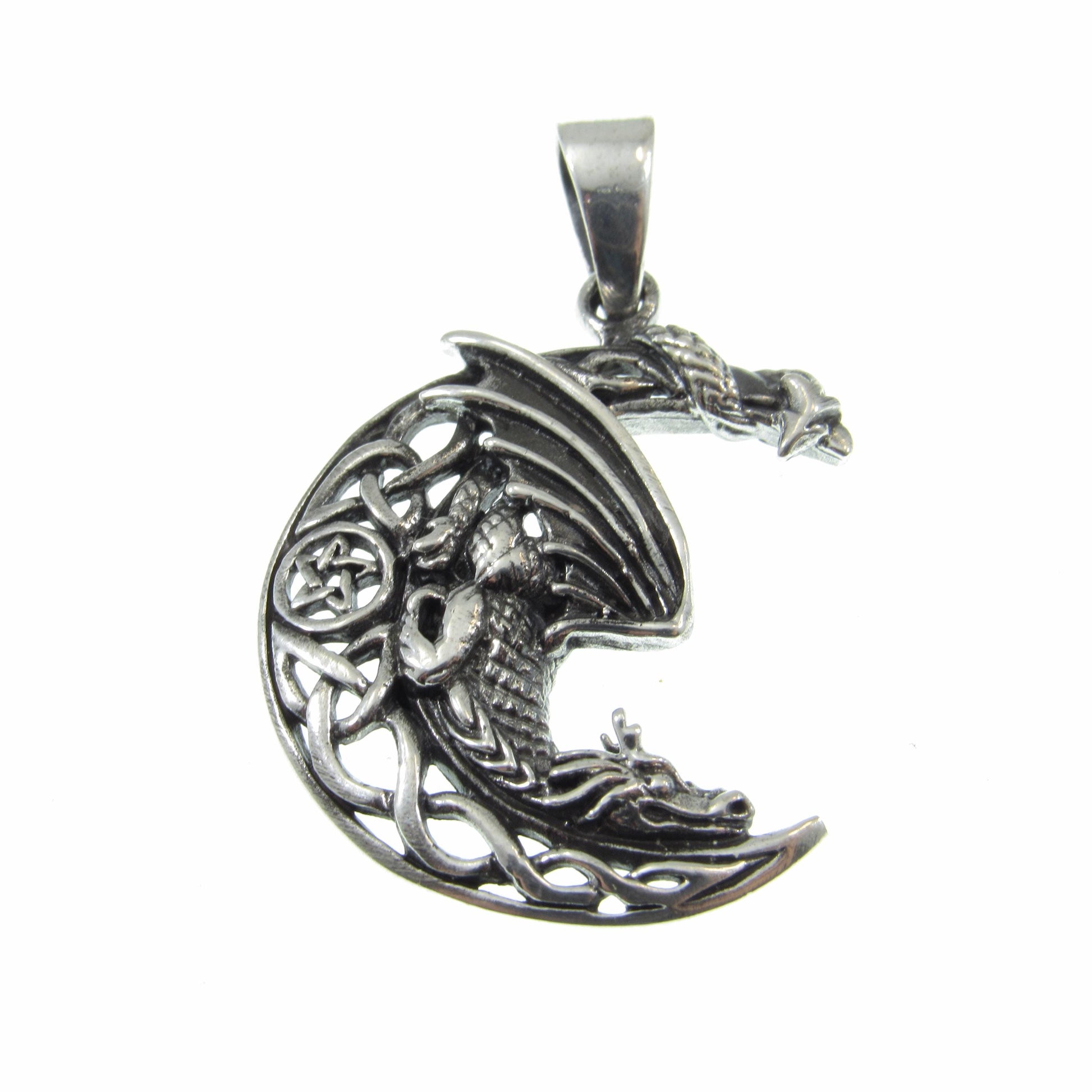 Solid 925 Sterling Silver Dragon Moon Pendant – Celtic Dragon Necklace Amulet, Fantasy Jewelry, Mythical Creature Charm, Gothic Dragon Gift