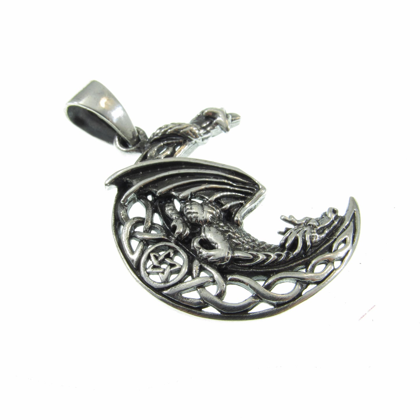 Solid 925 Sterling Silver Dragon Moon Pendant – Celtic Dragon Necklace Amulet, Fantasy Jewelry, Mythical Creature Charm, Gothic Dragon Gift
