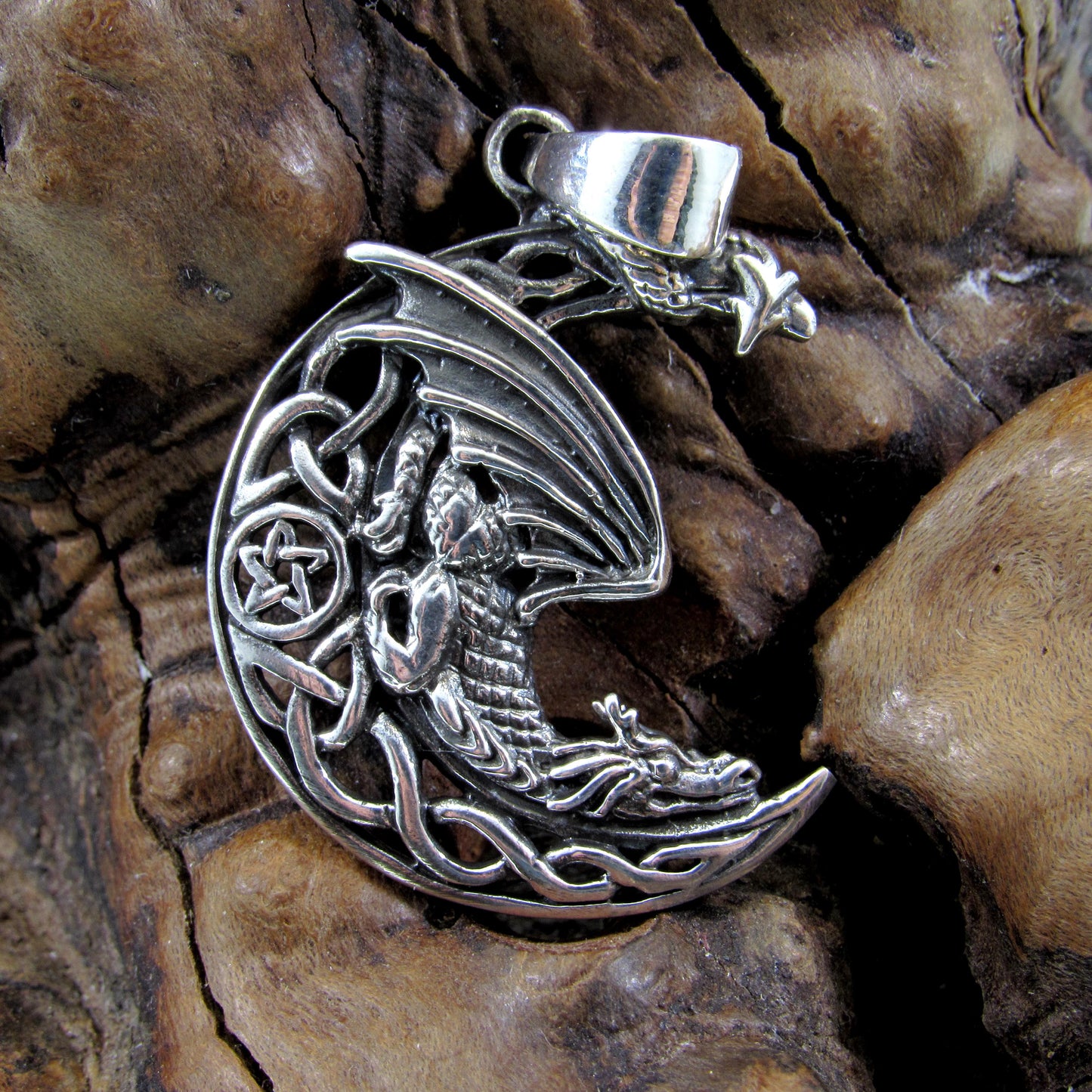 Solid 925 Sterling Silver Dragon Moon Pendant – Celtic Dragon Necklace Amulet, Fantasy Jewelry, Mythical Creature Charm, Gothic Dragon Gift