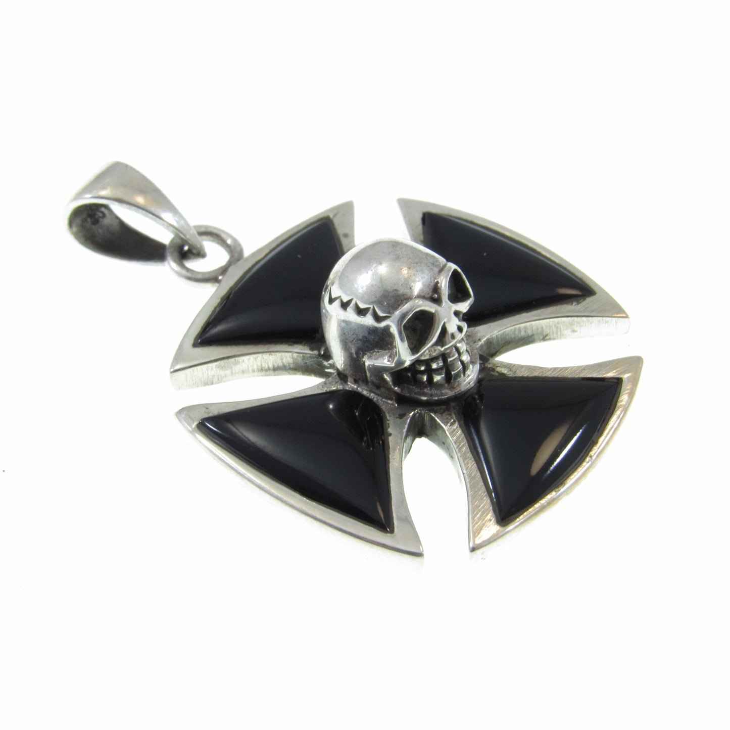 Solid 925 Sterling Silver Iron Cross, Knight's Templar Pendant With Skull and Black Onyx Inlay, Croix Pattee Jewelry