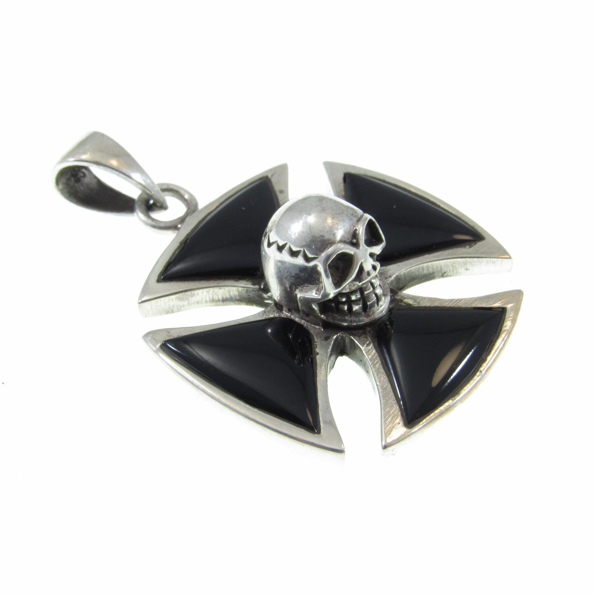Solid 925 Sterling Silver Iron Cross with Skull & Black Onyx Inlay – Gothic Biker Cross Necklace Pendant for Men