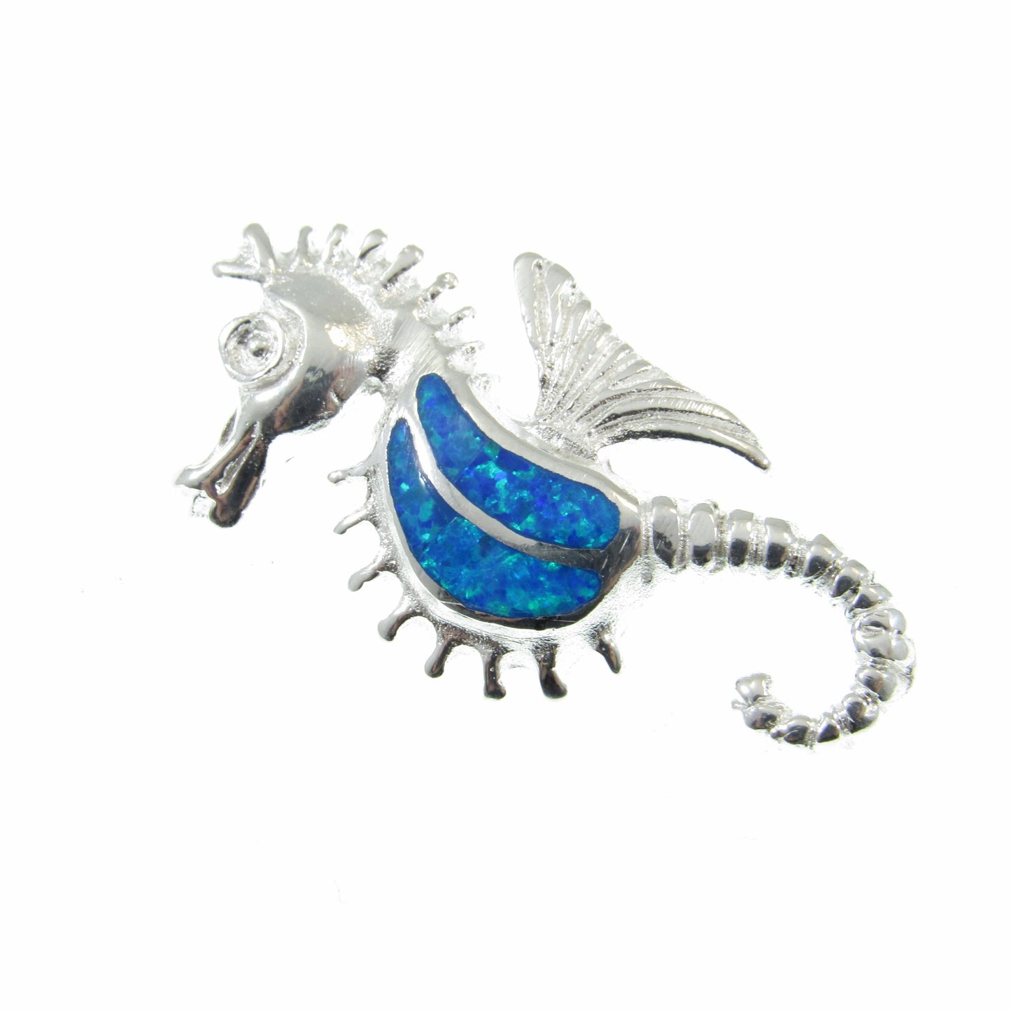 Solid 925 Sterling Silver Seahorse Slide Pendant With Blue Opal Gemstone, Handcrafted Marine Nautical Ocean Jewelry