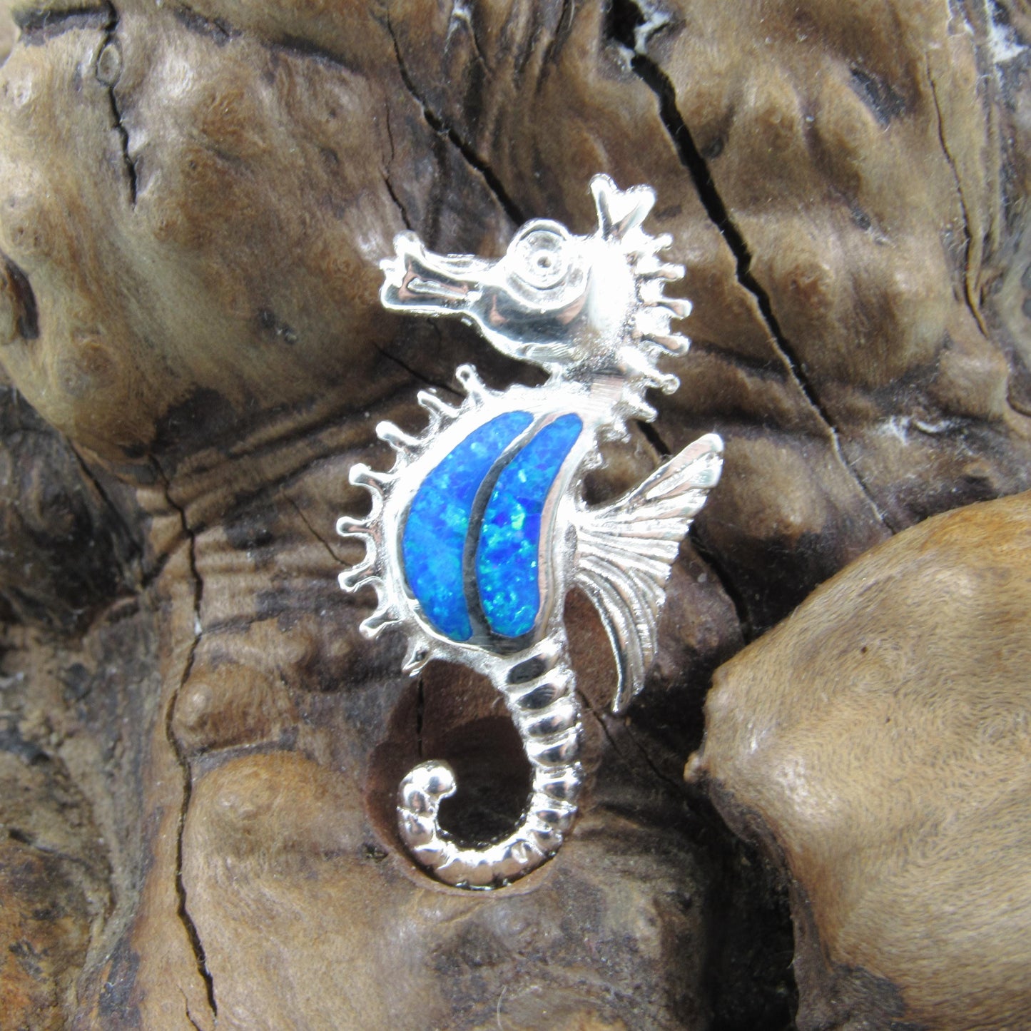 Solid 925 Sterling Silver Seahorse Slide Pendant With Blue Opal Gemstone, Handcrafted Marine Nautical Ocean Jewelry