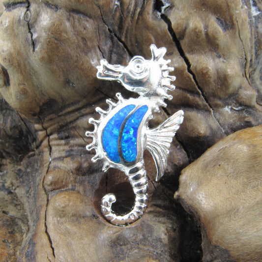 Solid 925 Sterling Silver Seahorse Slide Pendant With Blue Opal Gemstone, Handcrafted Marine Nautical Ocean Jewelry