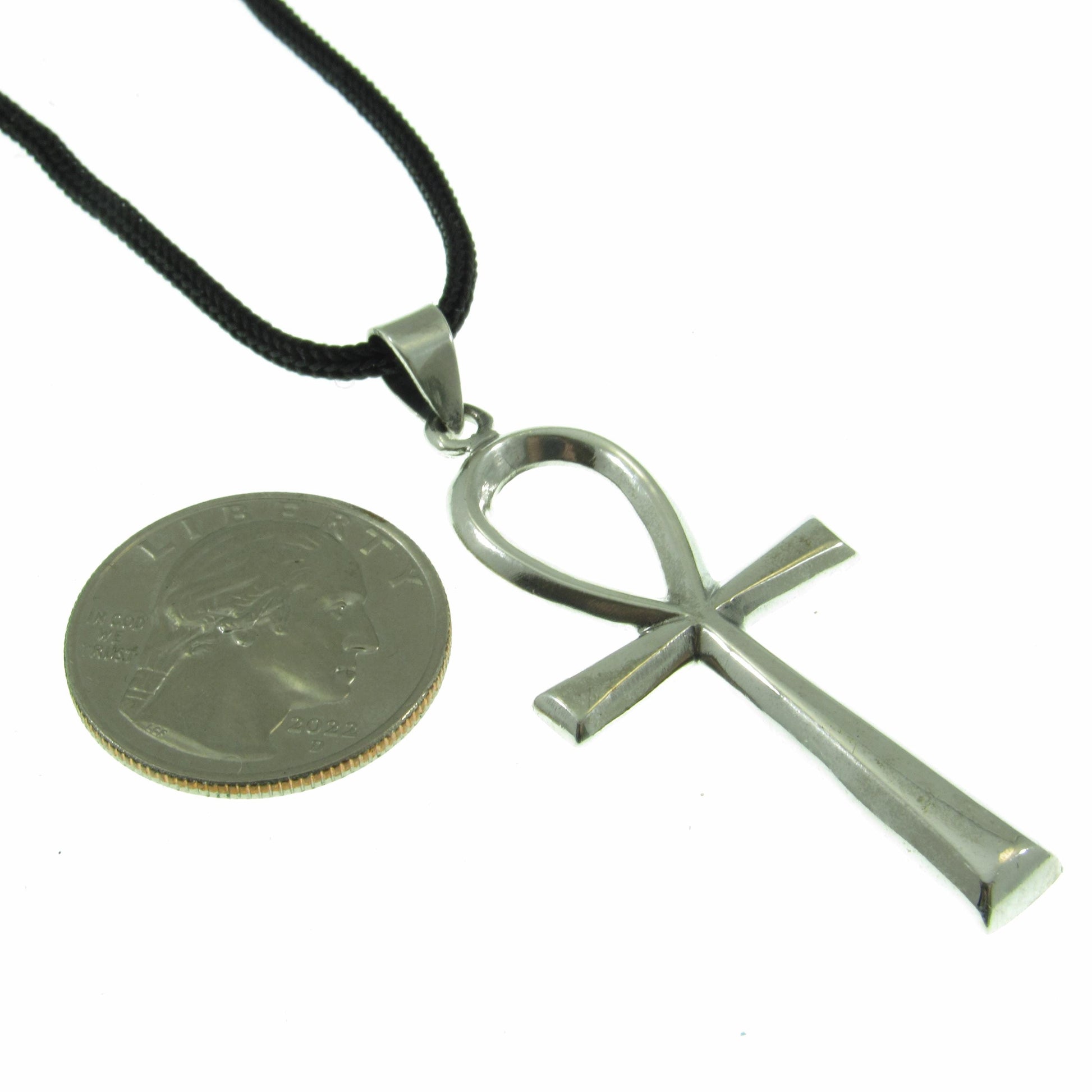 Egyptian Ankh Necklace for Men - Solid 925 Sterling Silver Cross Pendant - Mens Religious Jewelry - Men's Black Nylon Cord or Curb Chain