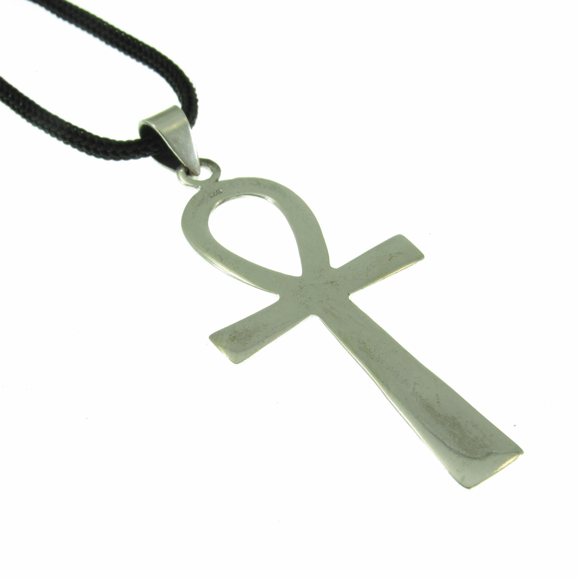 Egyptian Ankh Necklace for Men - Solid 925 Sterling Silver Cross Pendant - Mens Religious Jewelry - Men's Black Nylon Cord or Curb Chain